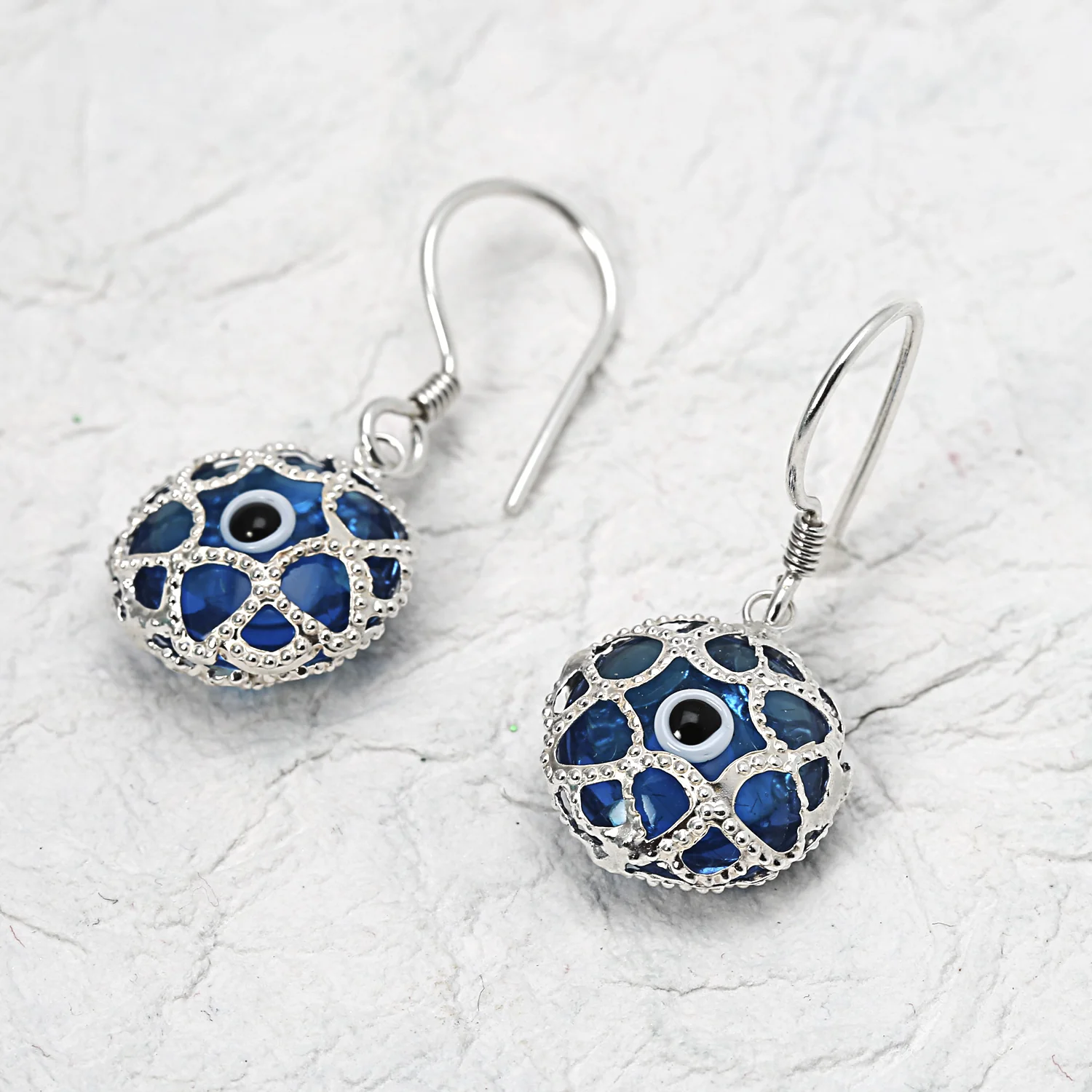 Blue Nazar Evil Eye Filigree Dangle Earrings Murano Glass &  Sterling Silver - Image 5