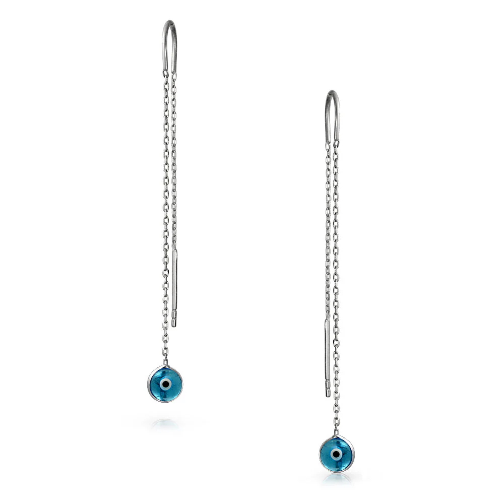 Blue Nazar Evil Eye Murano Glass Dangle Earrings Thin Chain  Sterling Silver - Image 2