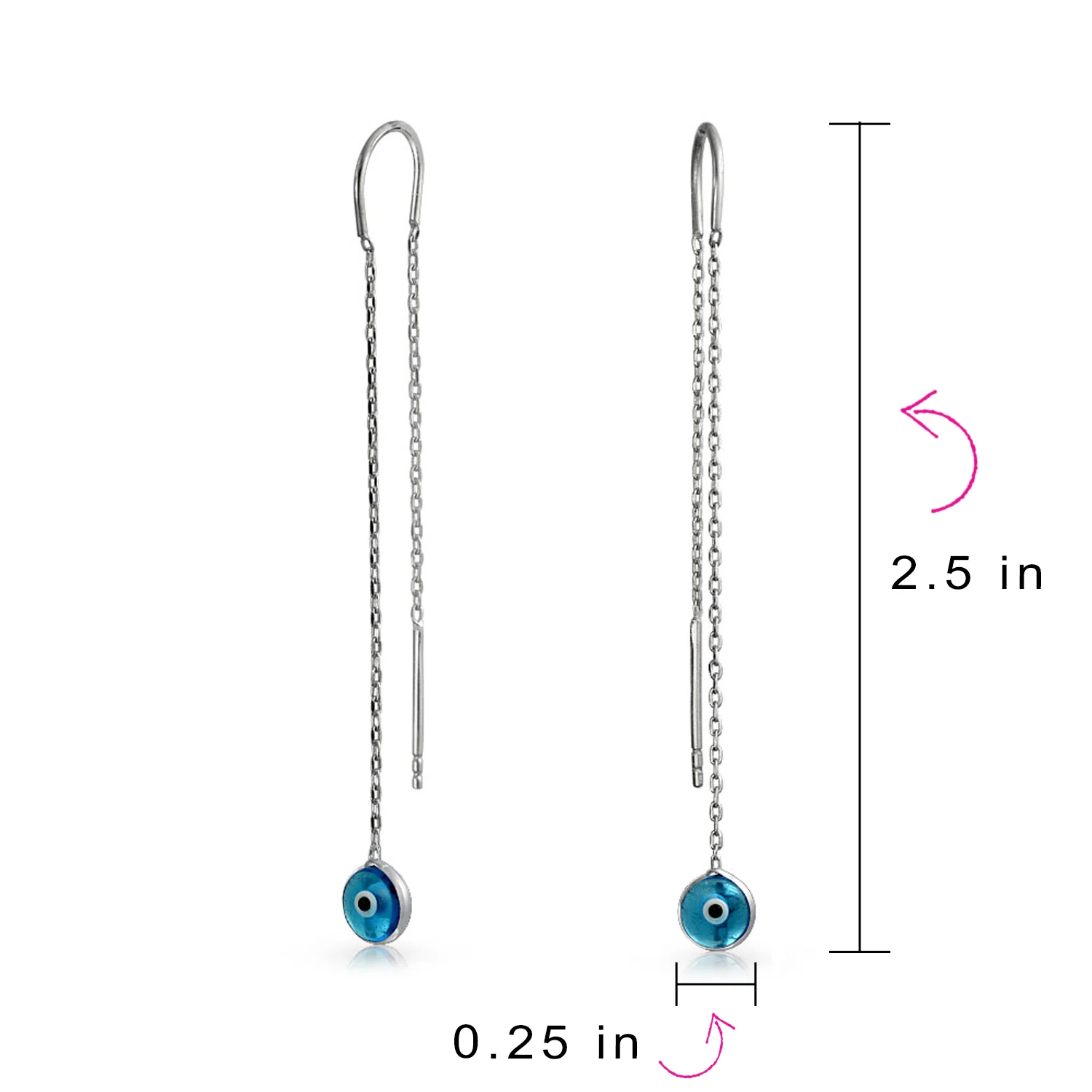 Blue Nazar Evil Eye Murano Glass Dangle Earrings Thin Chain  Sterling Silver - Image 4