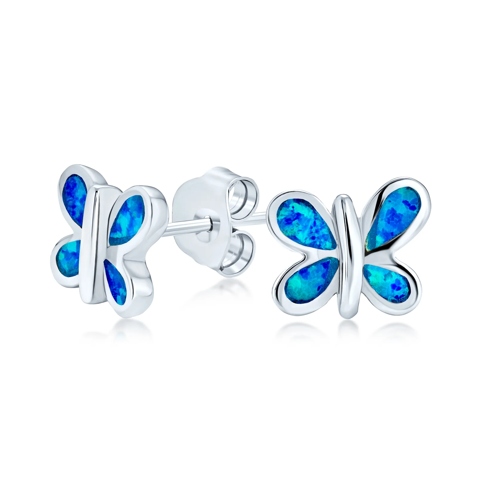 Blue Opal Butterfly Stud Earrings Silver October Birthstone