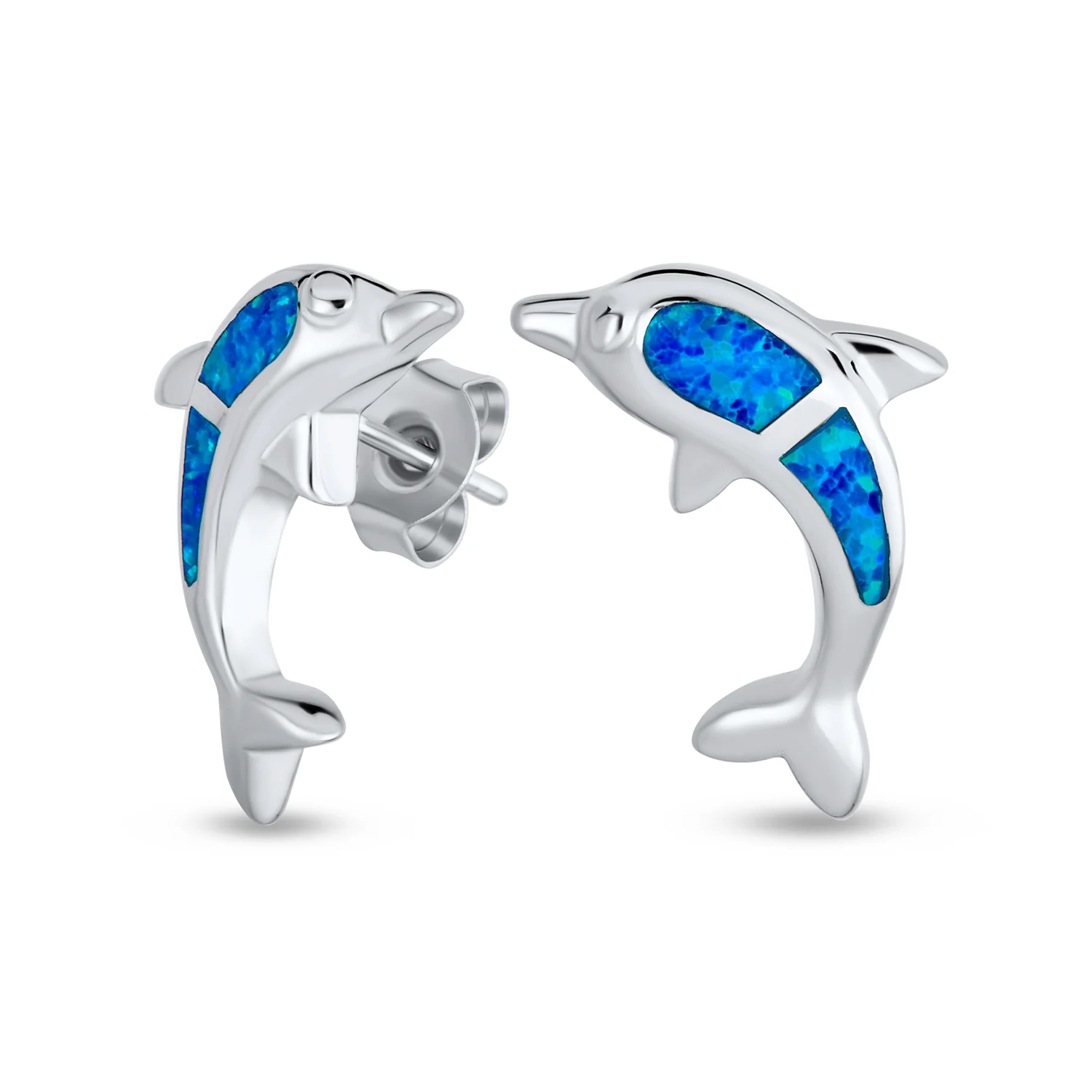 Hawaiian Created Blue Opal Inlay Nautical Dolphin Stud Earrings .925 Sterling Silver