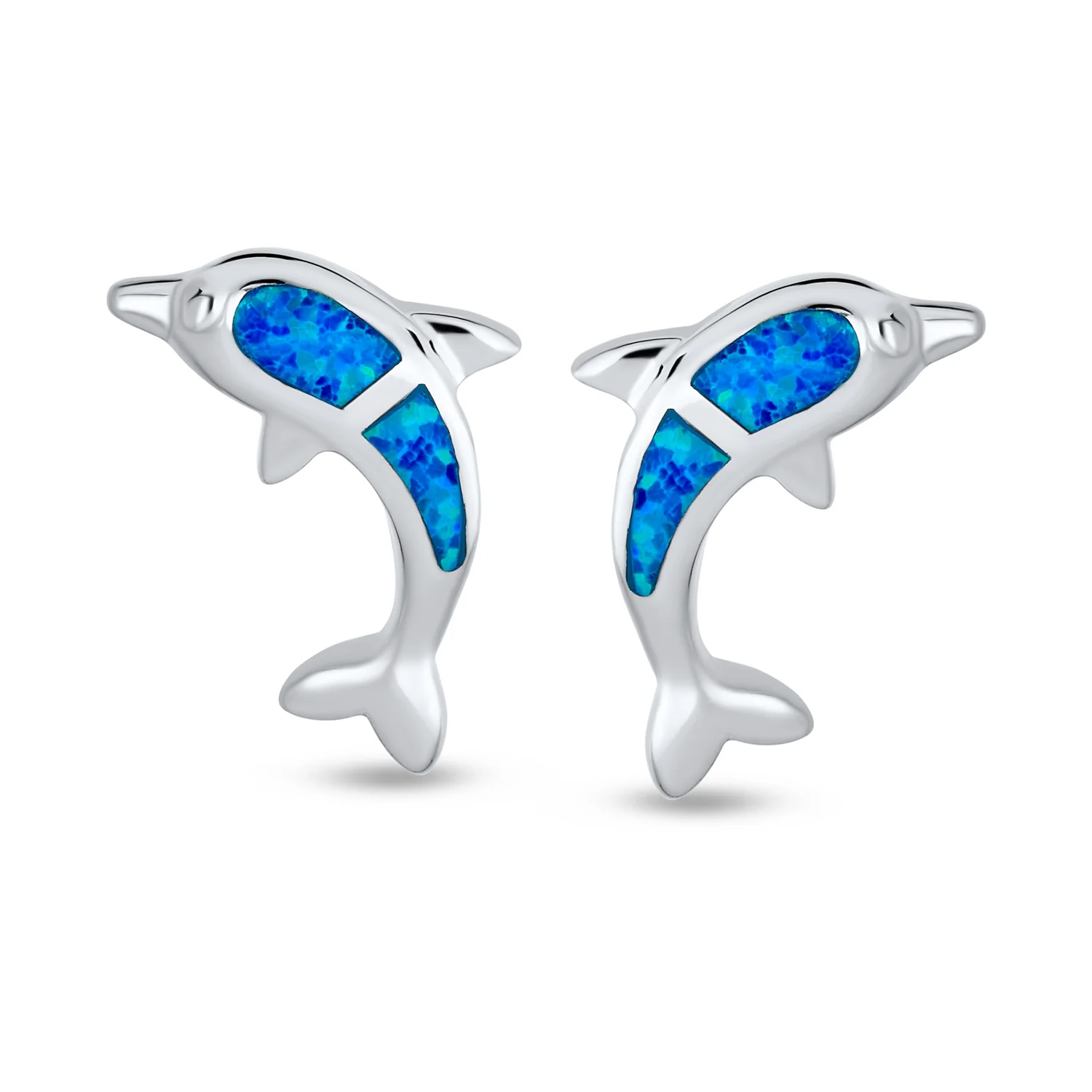 Hawaiian Created Blue Opal Inlay Nautical Dolphin Stud Earrings .925 Sterling Silver - Image 2