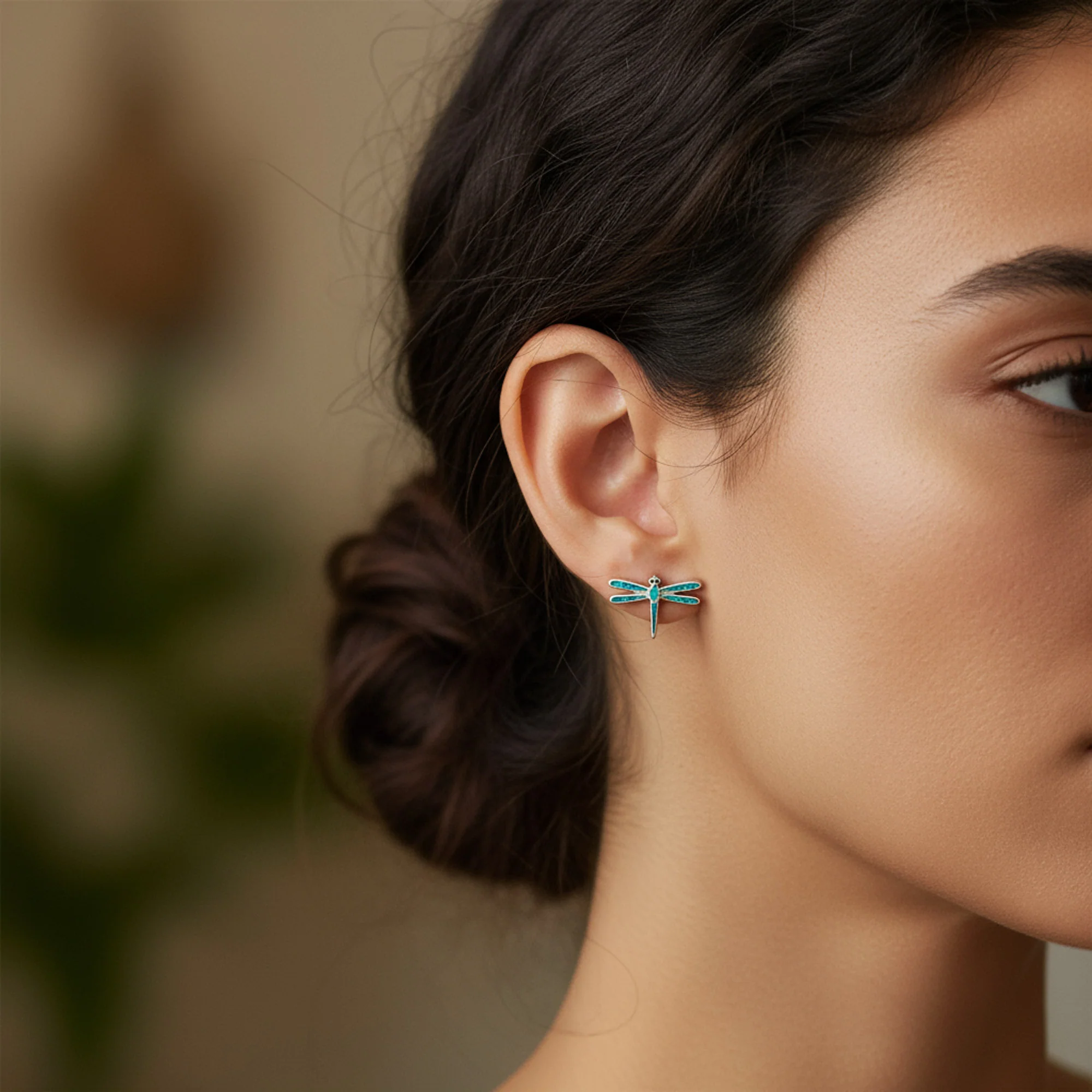 Created Blue Opal Summer Garden Firefly Dragonfly Stud Earrings .925 Sterling Silver - Image 3