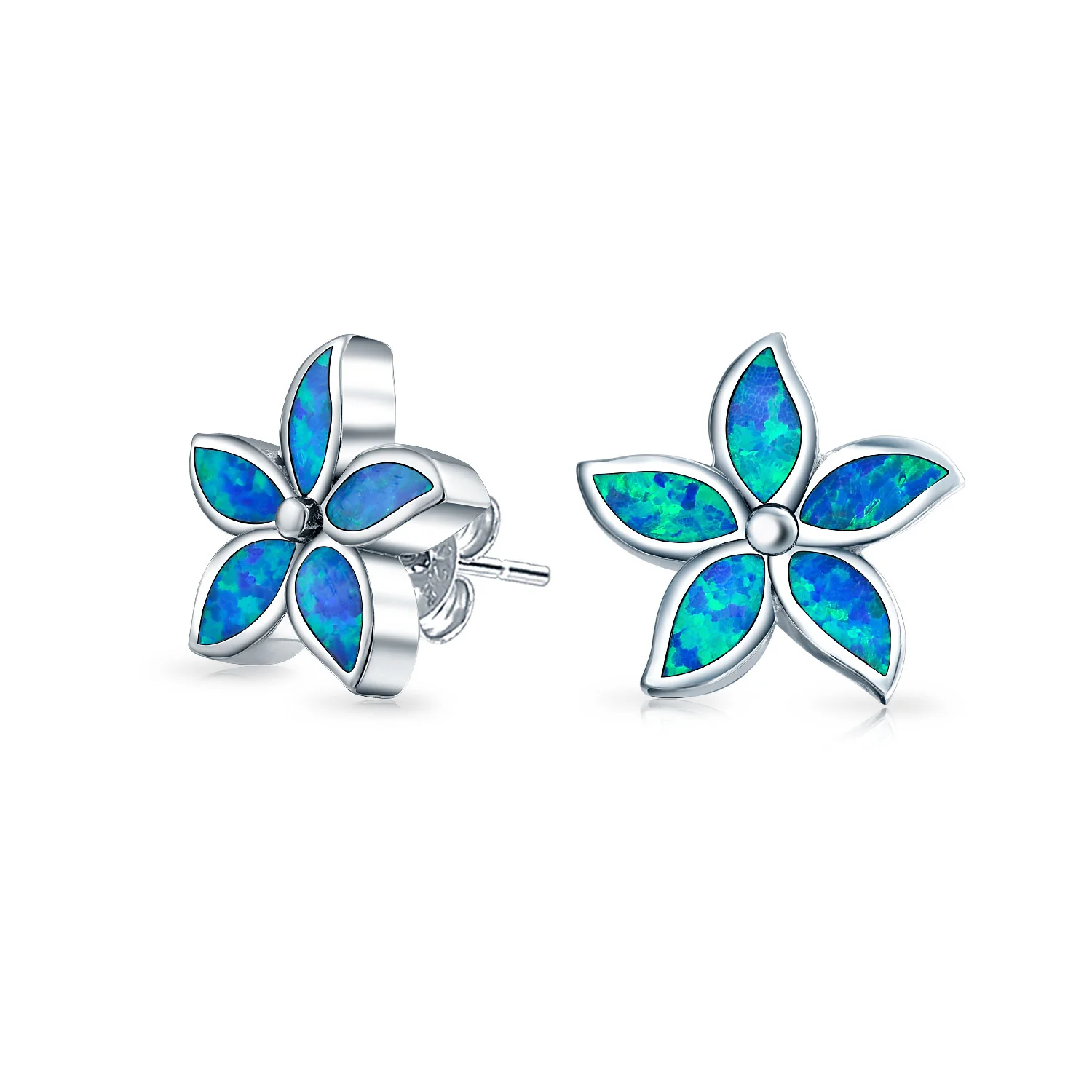 Created Blue Opal Inlay Petals Flower Stud Earrings .925 Sterling Silver