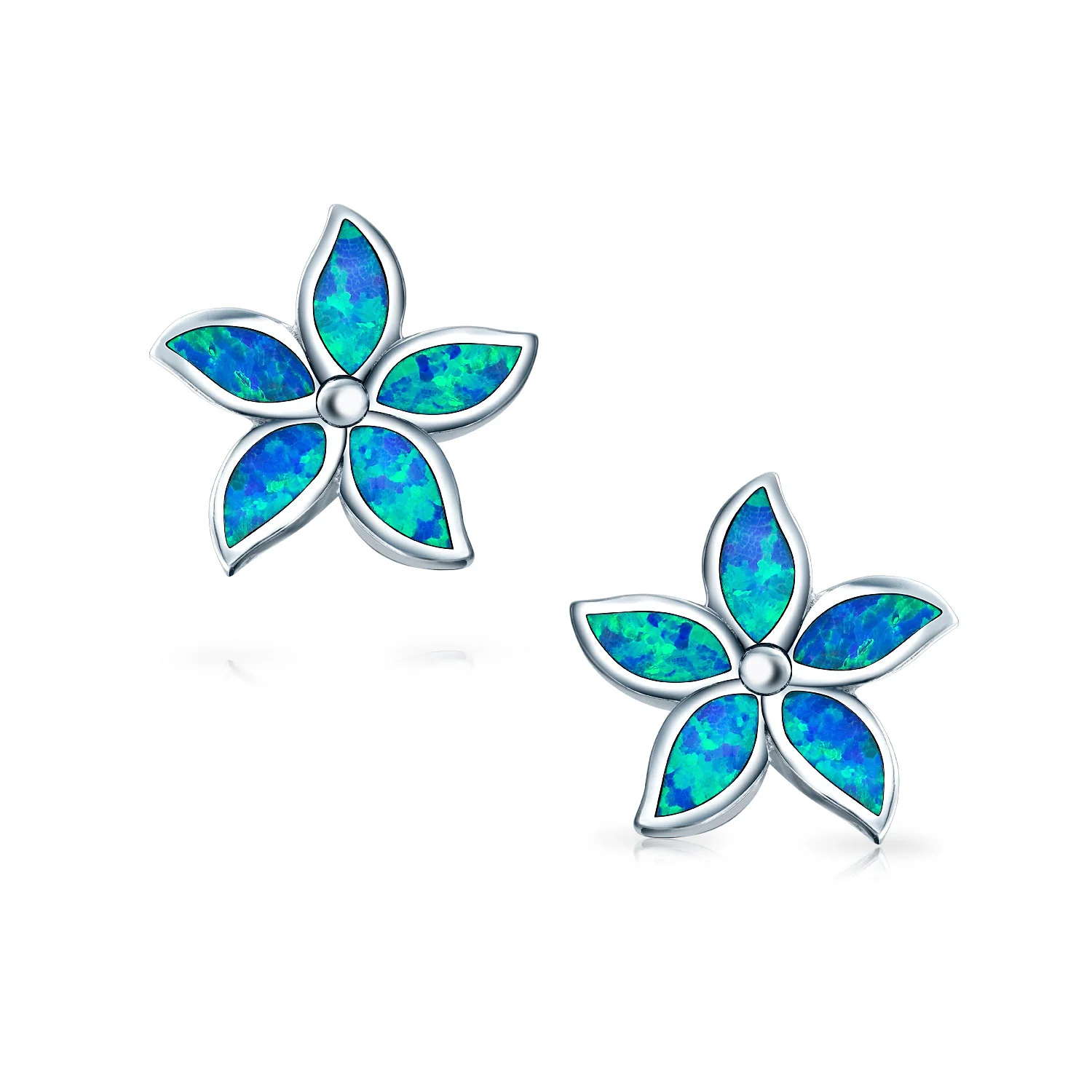Created Blue Opal Inlay Petals Flower Stud Earrings .925 Sterling Silver - Image 2