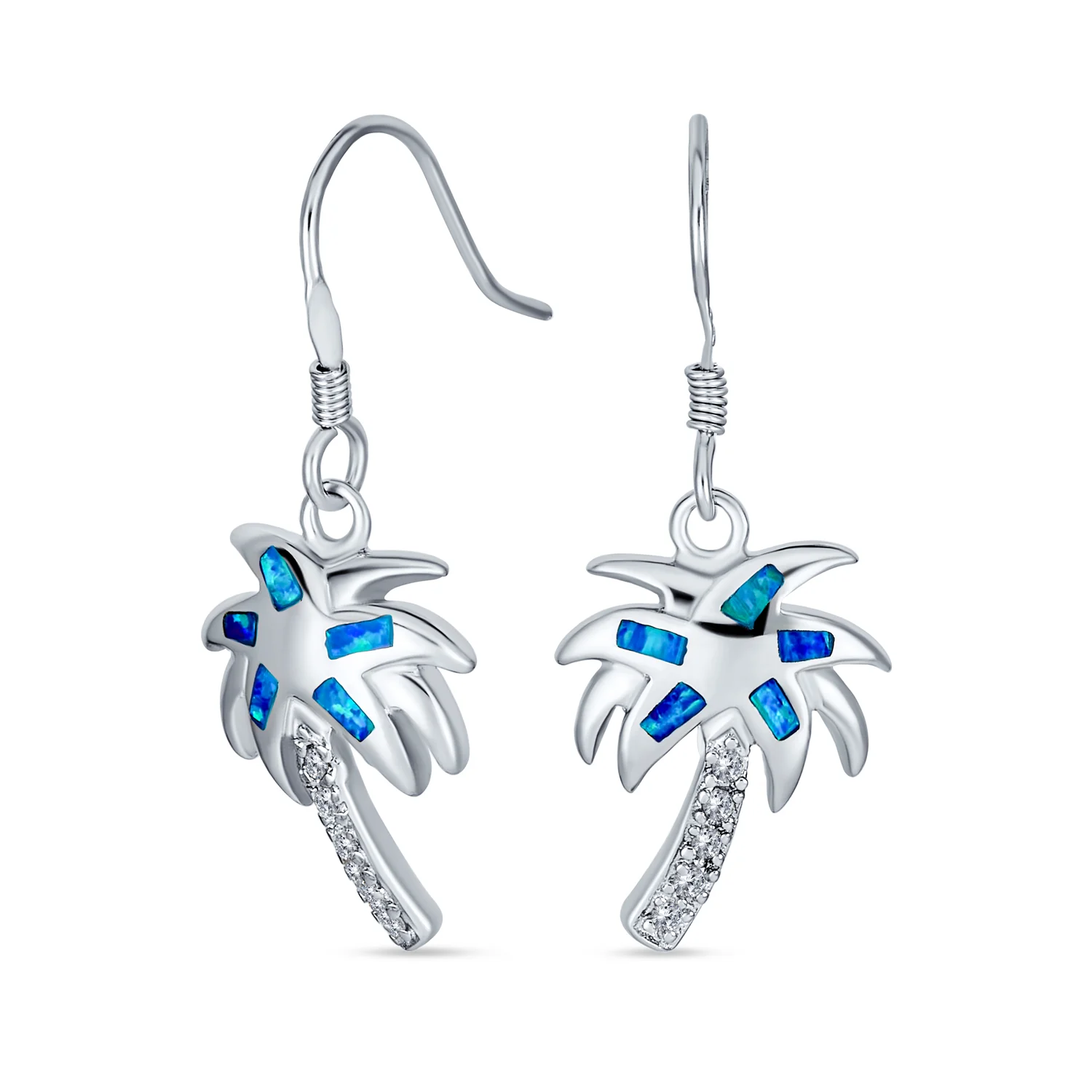 Blue Opal Palm Tree Dangle Gemstone Earrings French Wire