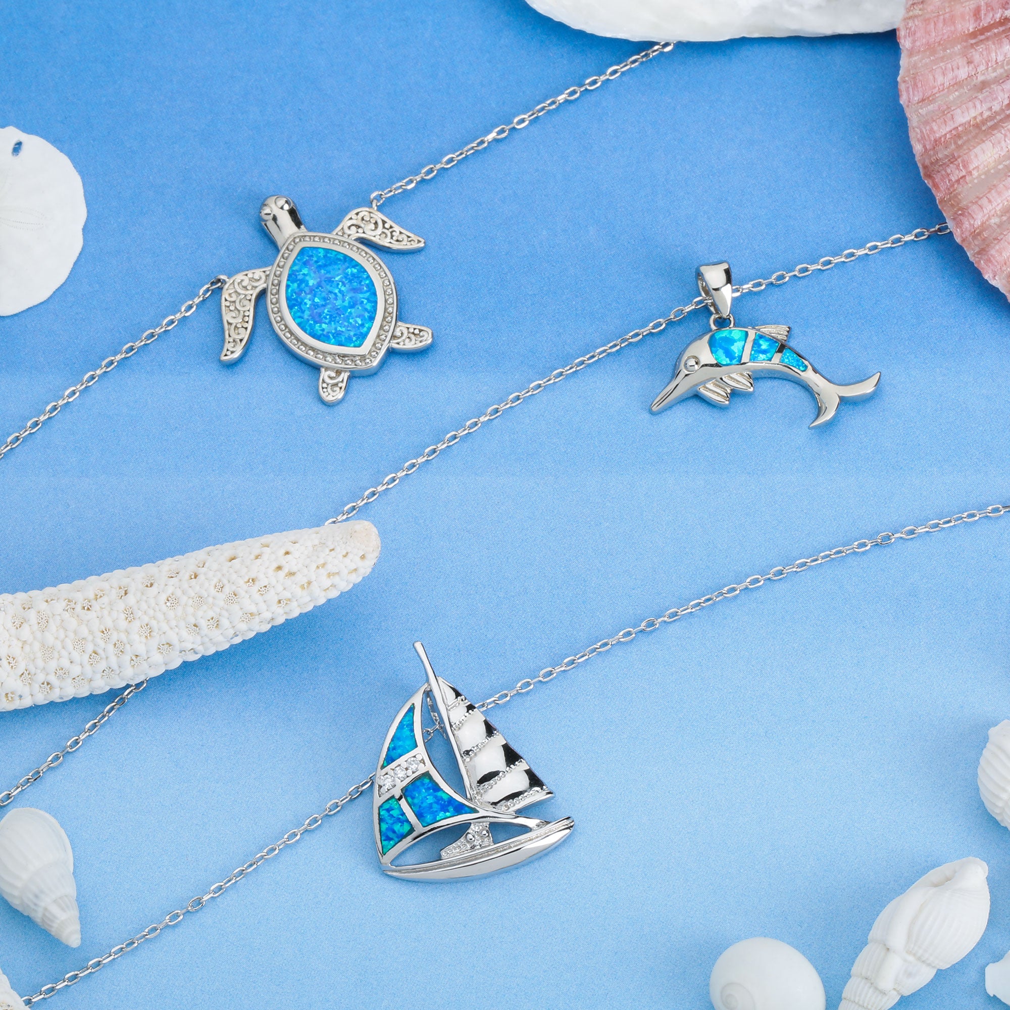 Nautical Created Blue Opal Sailboat Necklace Pendant .925 Sterling Silver - Image 5