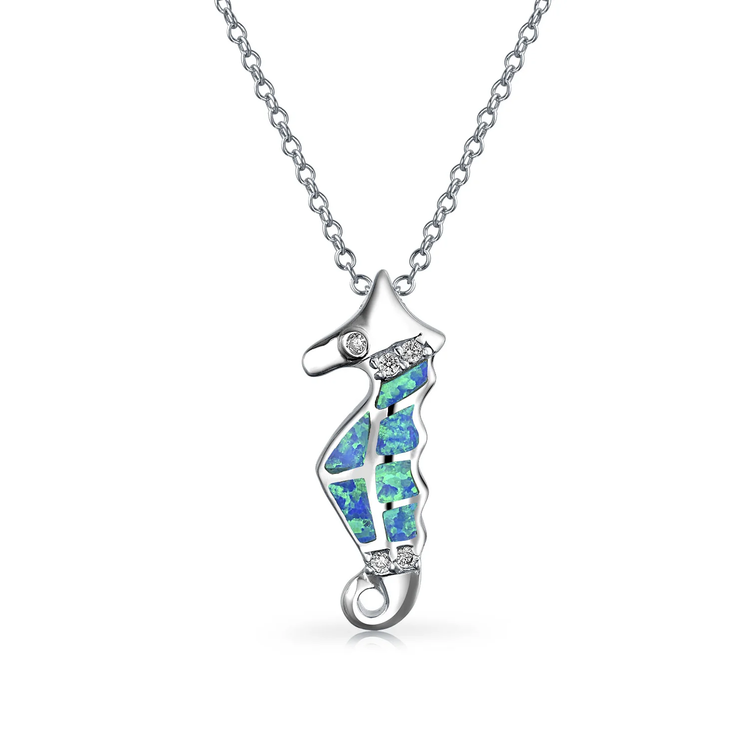Sea Creature Nautical Created Blue Opal Seahorse Pendant Necklace .925 Sterling Silver