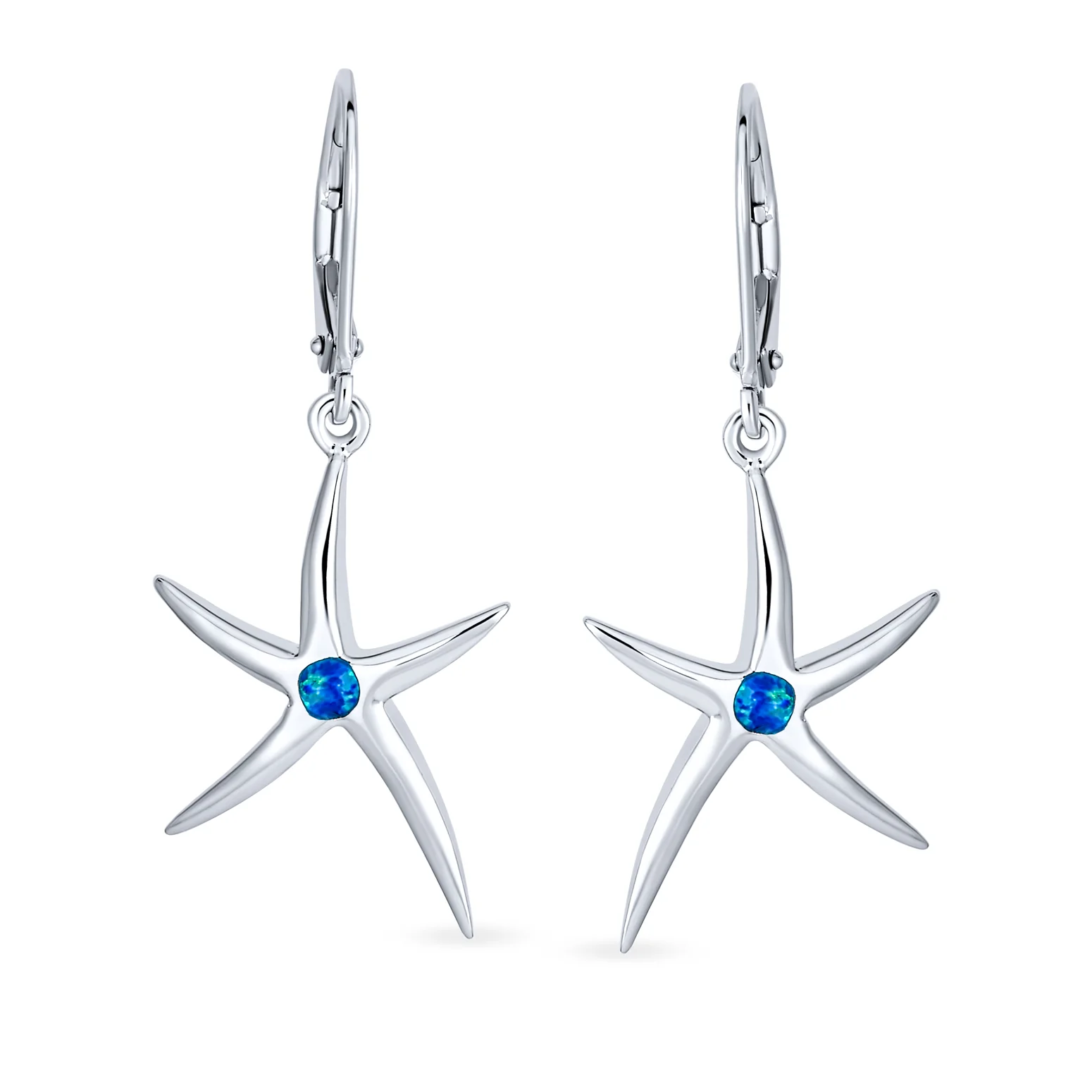 Blue Created Opal Starfish Dangle Gemstone Earrings Silver - Image 2