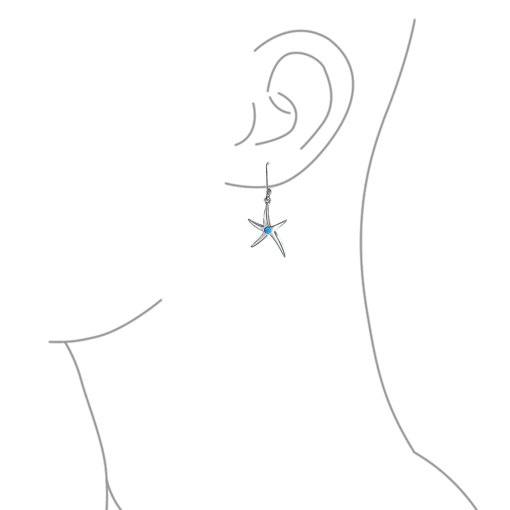 Blue Created Opal Starfish Dangle Gemstone Earrings Silver - Image 3