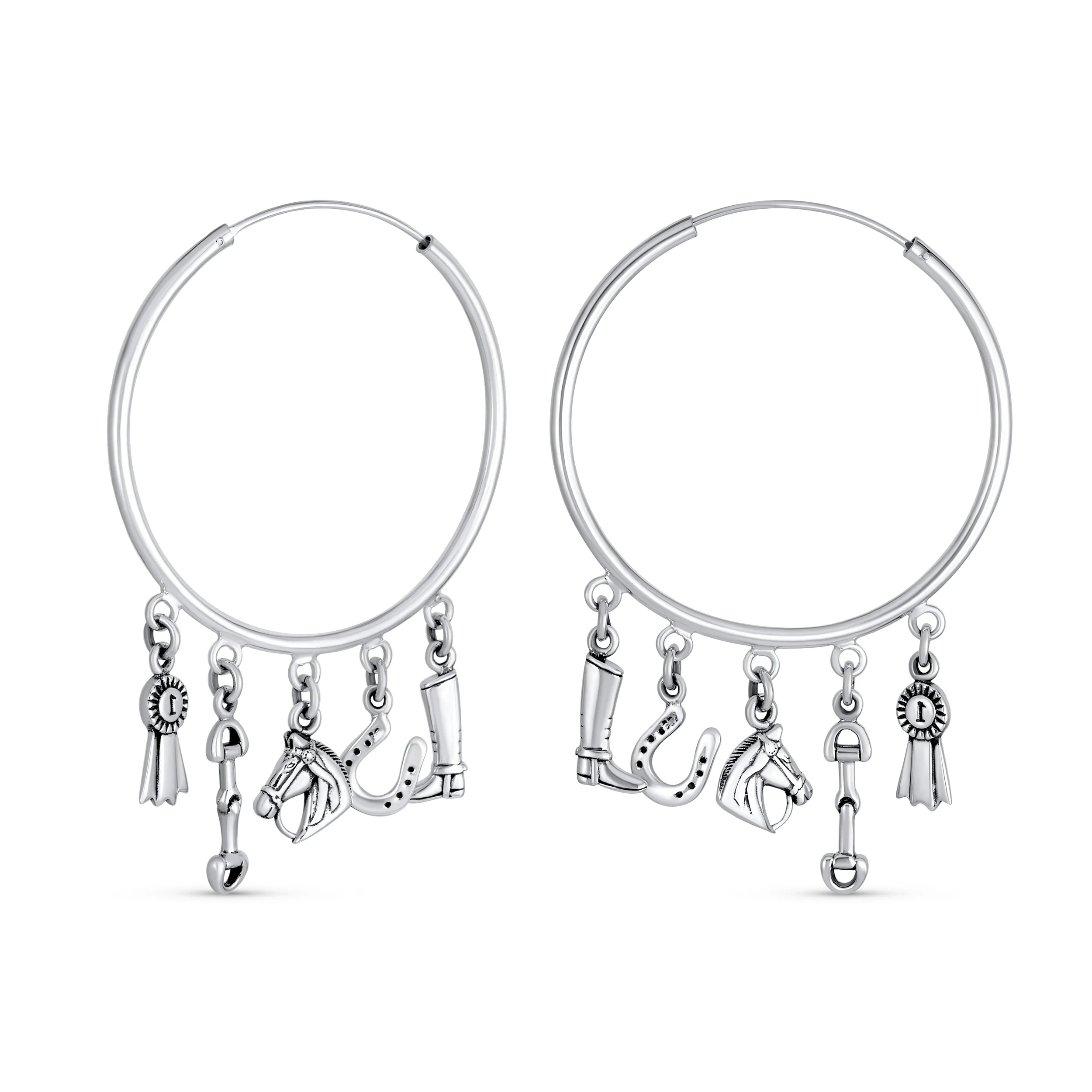 Blue Ribbon Horse Hoop Huggie Earrings Horseshoe Charms