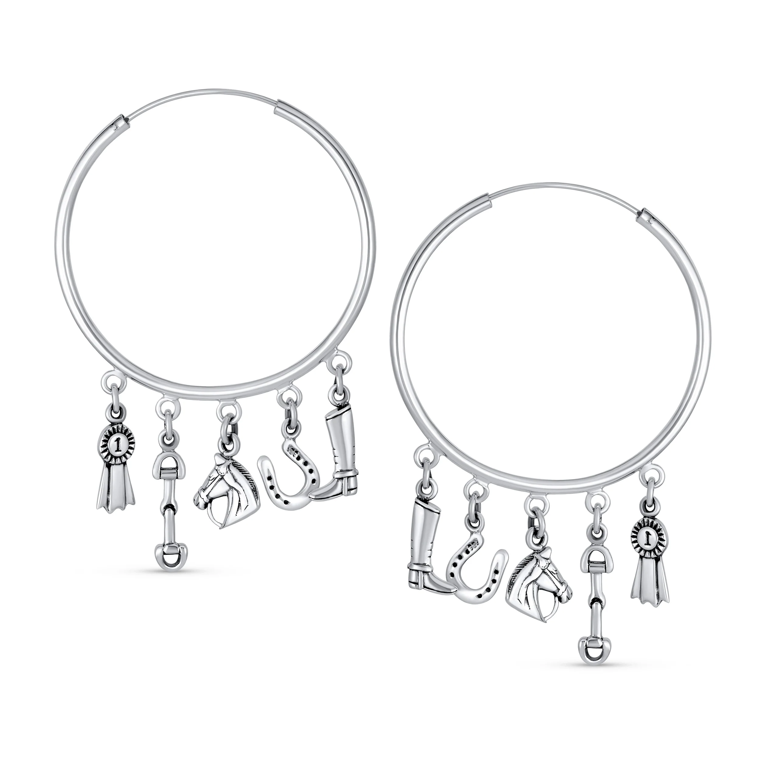 Blue Ribbon Horse Hoop Huggie Earrings Horseshoe Charms - Image 2