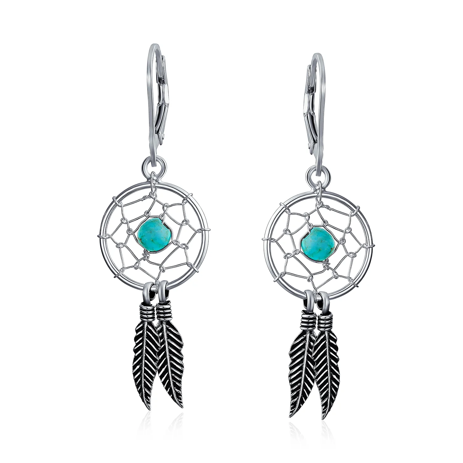 Native American Style Turquoise Dream Catcher Feather Leaf Dangle Earrings .925 Sterling Silver - Image 2