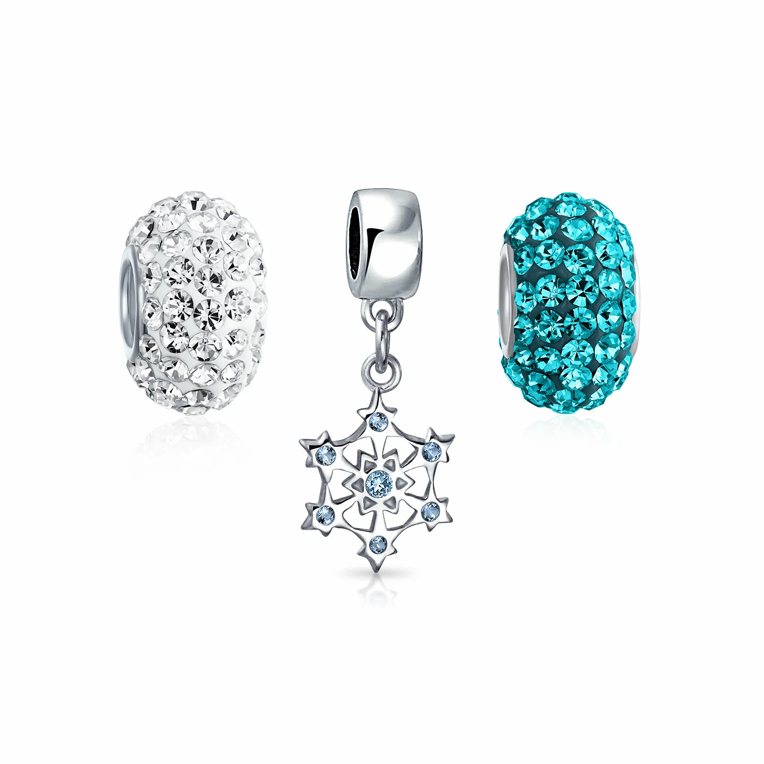 Blue White Crystal Christmas Charm Bead Snowflake Silver