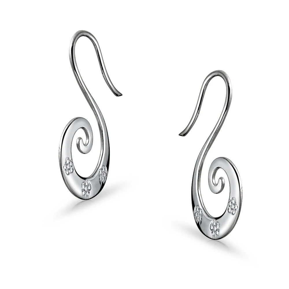 Artisan Tribal Flower Blossom Swirl Wire Spiral Pull Through Hoop Threader Earrings Sterling Silver - Image 2