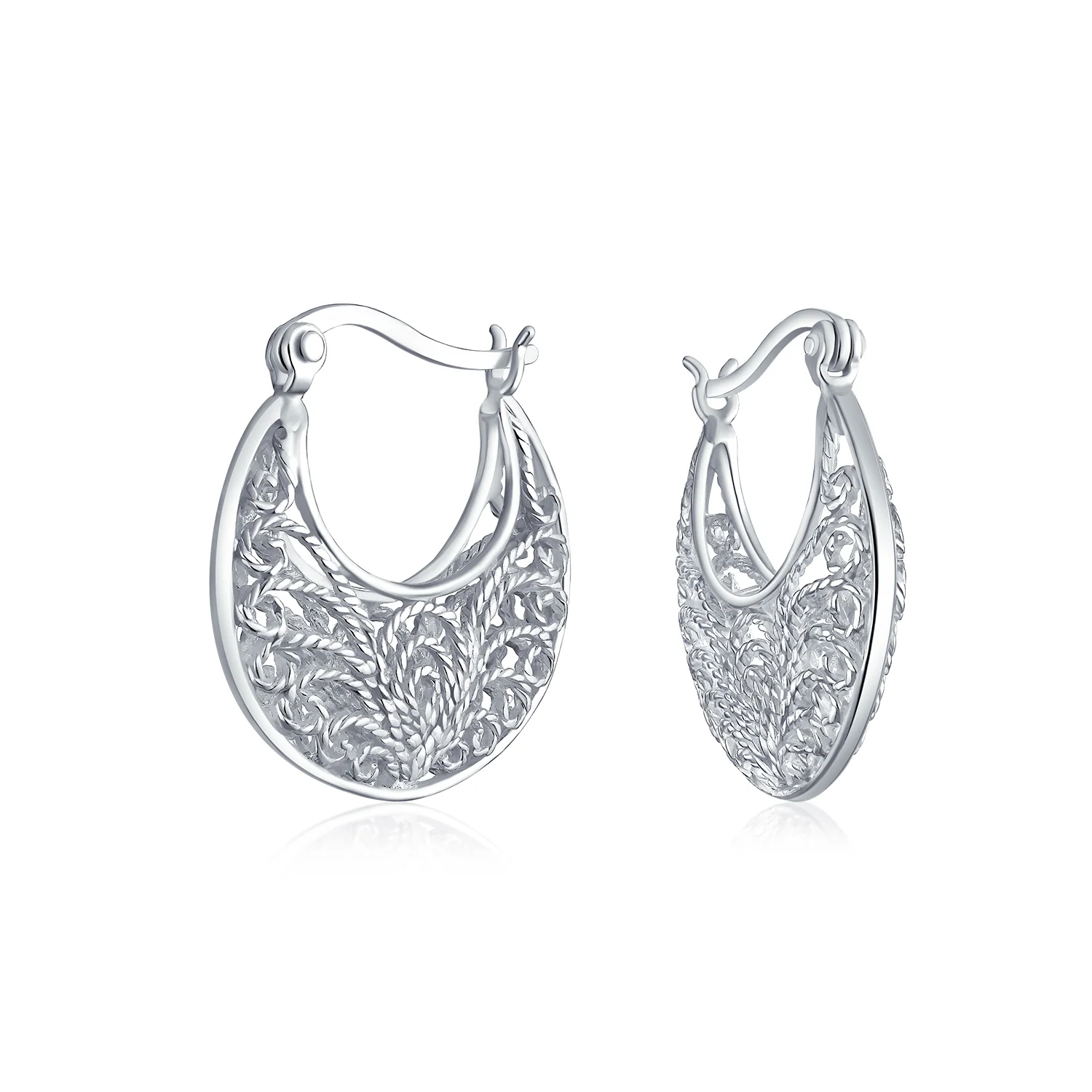 Boho Bali Floral Scroll Filigree Hoop Huggie Earrings Silver