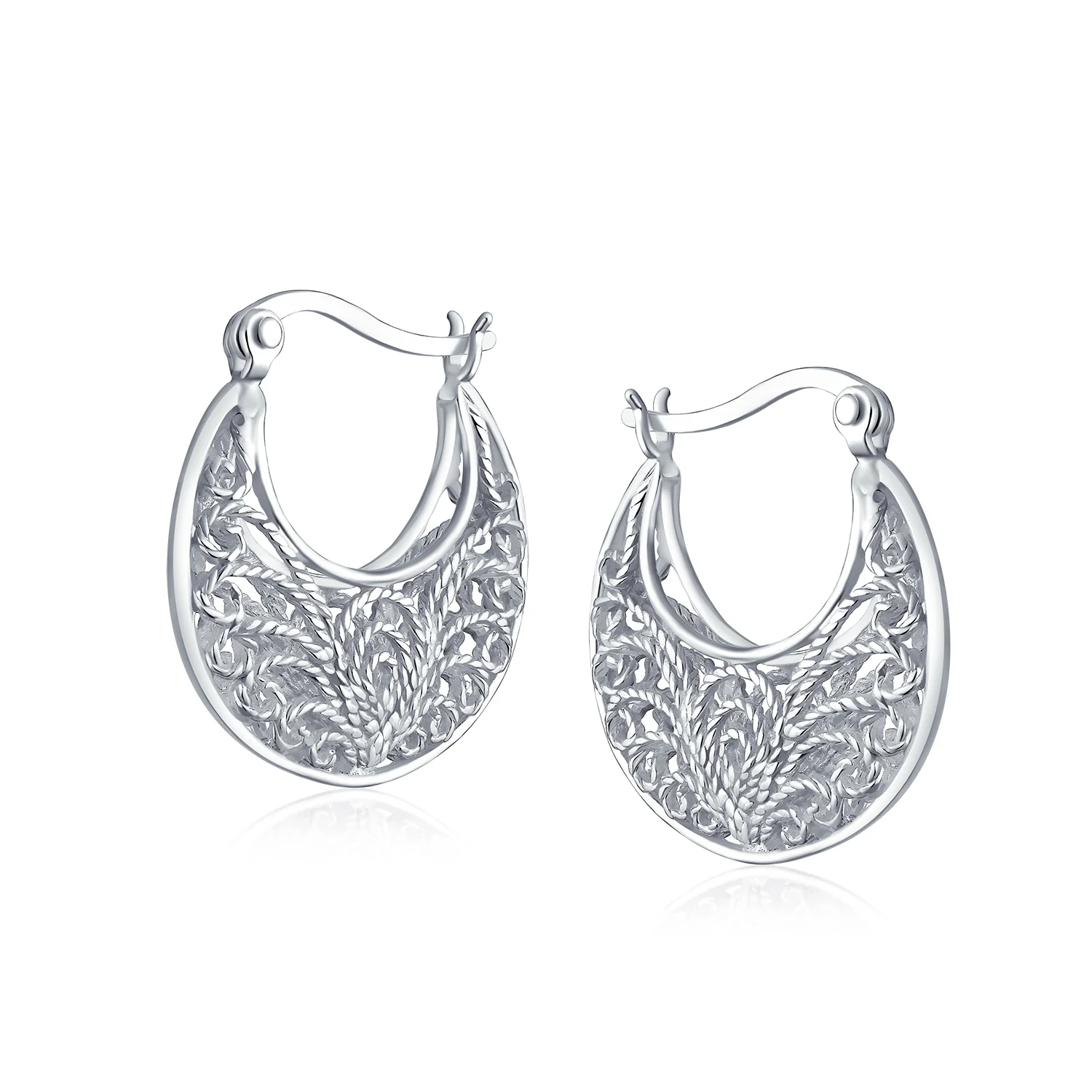 Boho Bali Floral Scroll Filigree Hoop Huggie Earrings Silver - Image 2