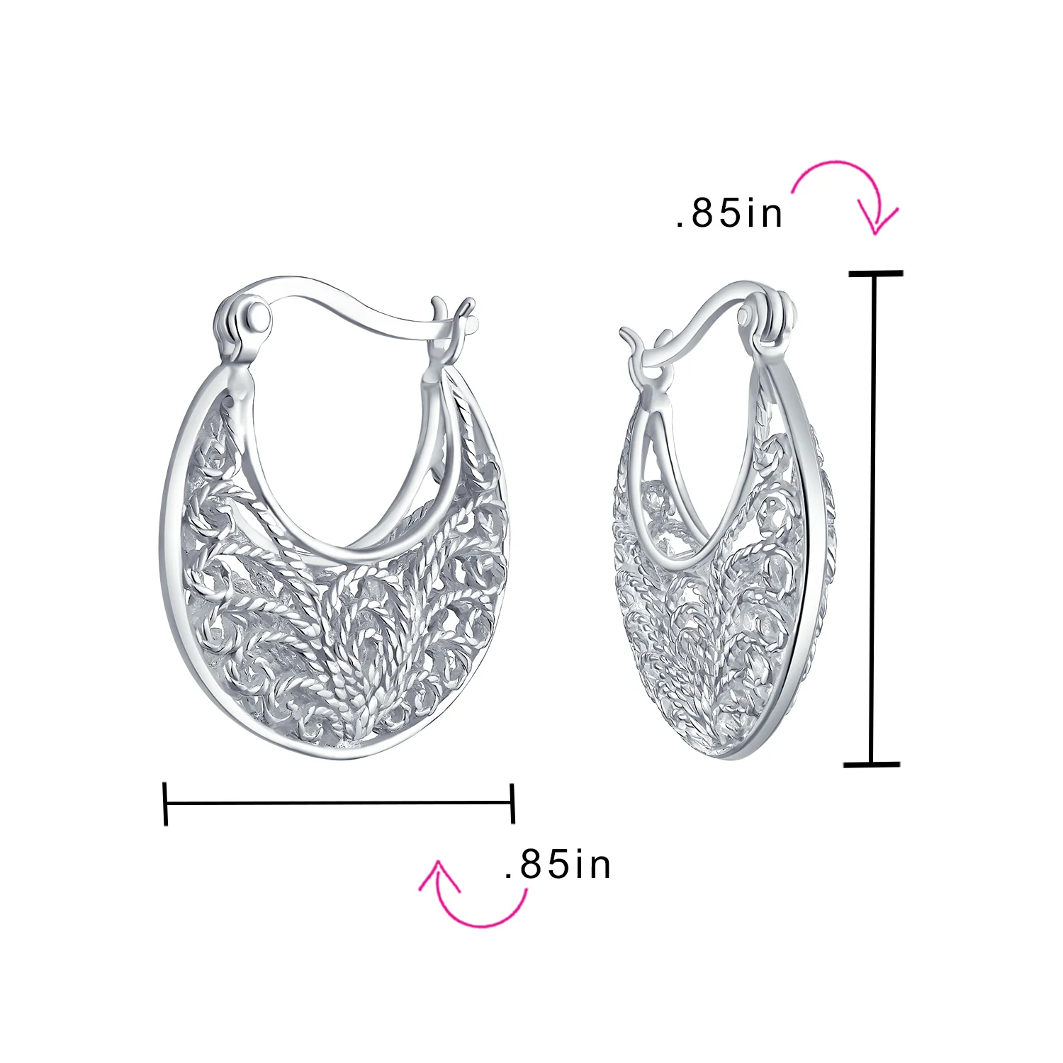 Boho Bali Floral Scroll Filigree Hoop Huggie Earrings Silver - Image 4