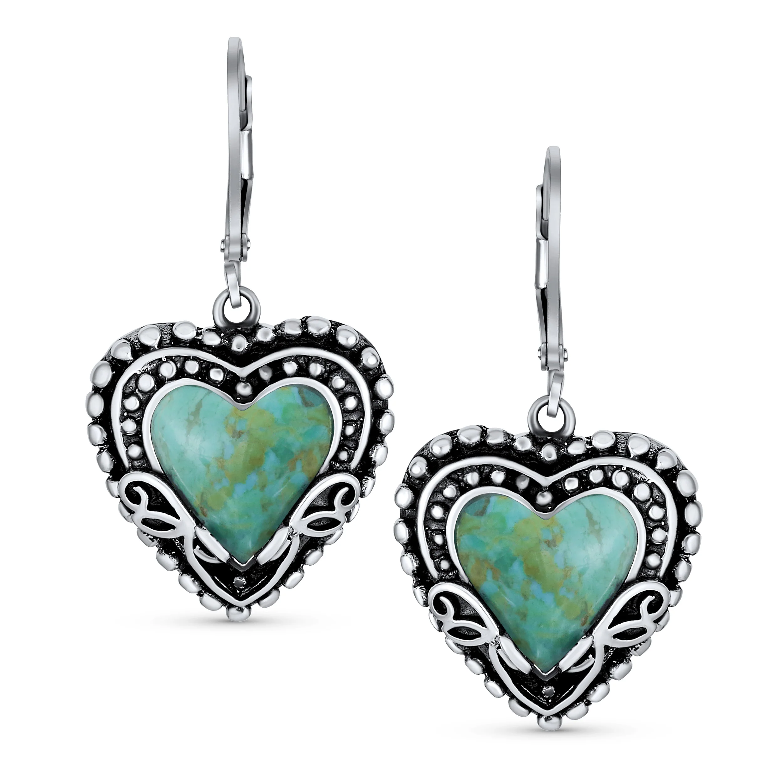 Boho Bali Dangle Gemstone Earrings Turquoise Heart Leverback - Image 2