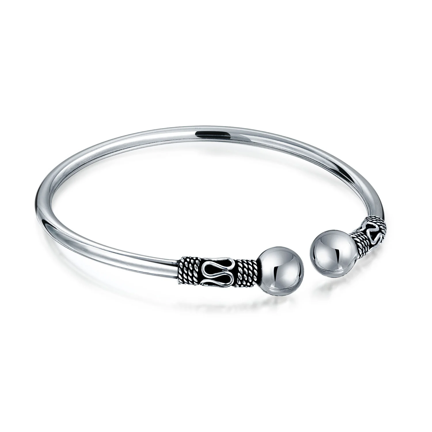Boho Balinese Black Bangle Bracelet Scroll Ball Tips Silver