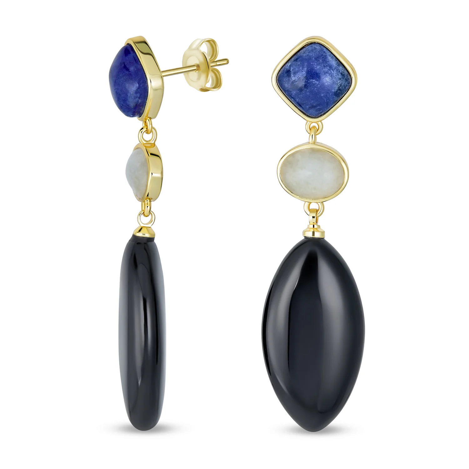 Dangle Gemstone Earrings Blue Lapis Onyx in 14K Gold Plated
