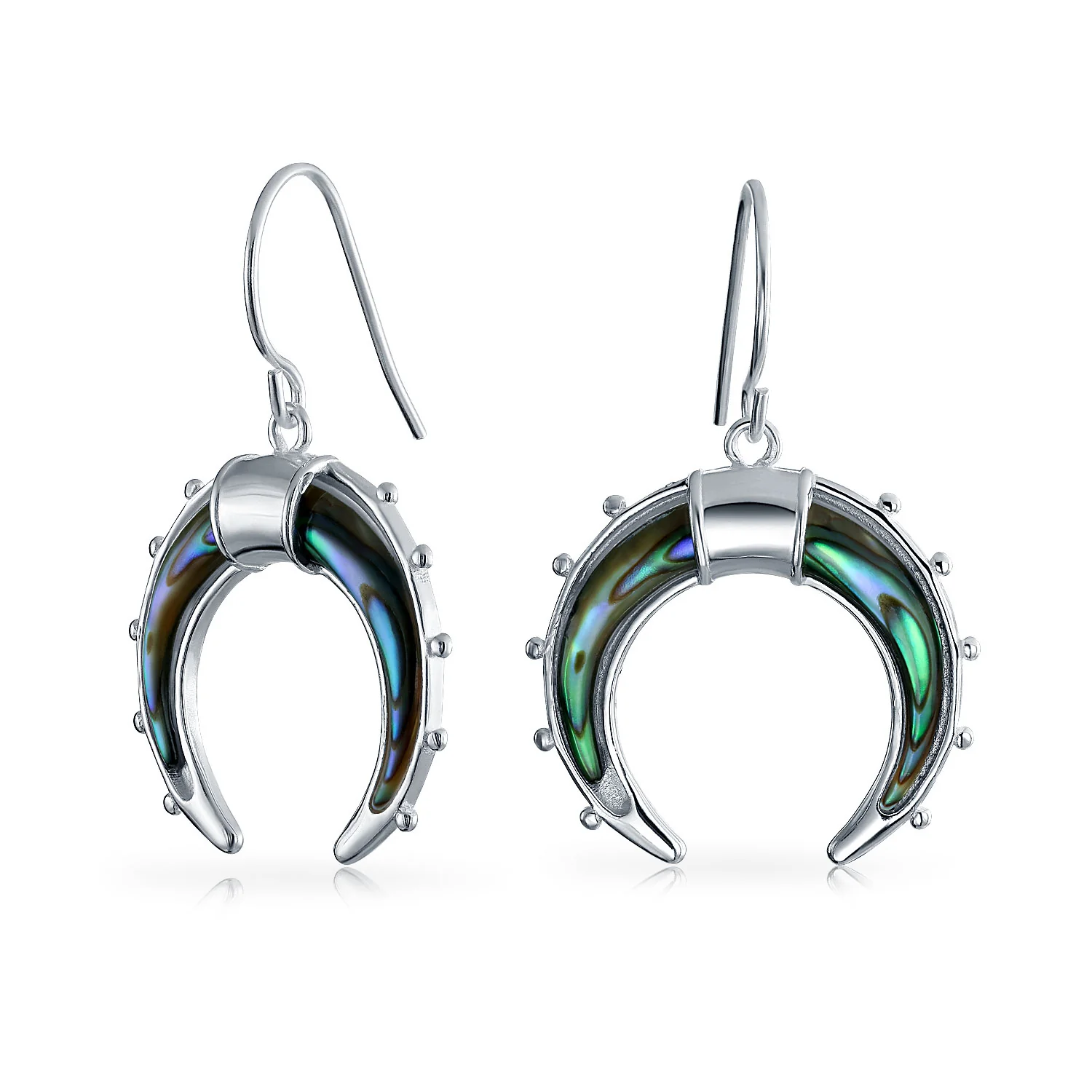 Celestial Rainbow Iridescent Abalone Shel Half Crescent Moon Dangle Earrings .925 Sterling Silver