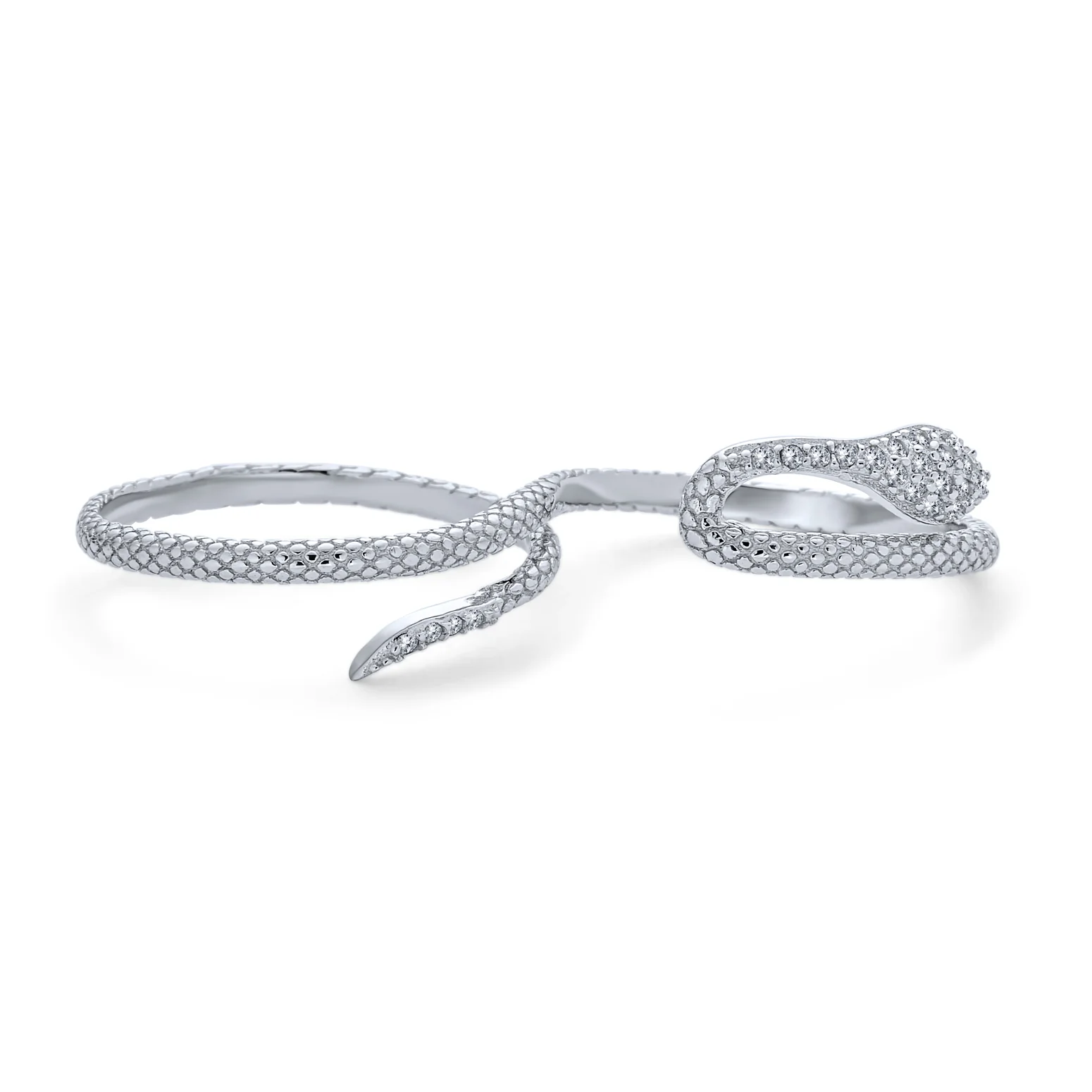 Trendy Cubic Zirconia Snake Statement Two Finger Ring Sterling Silver - Image 2
