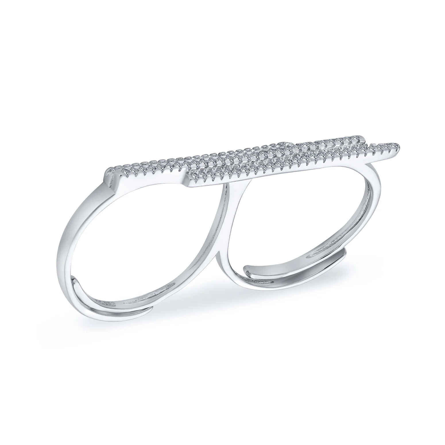 Fashion Geometric CZ Pave Double Sideway Bar Two Finger Statement Ring .925 Sterling Silver - Image 2