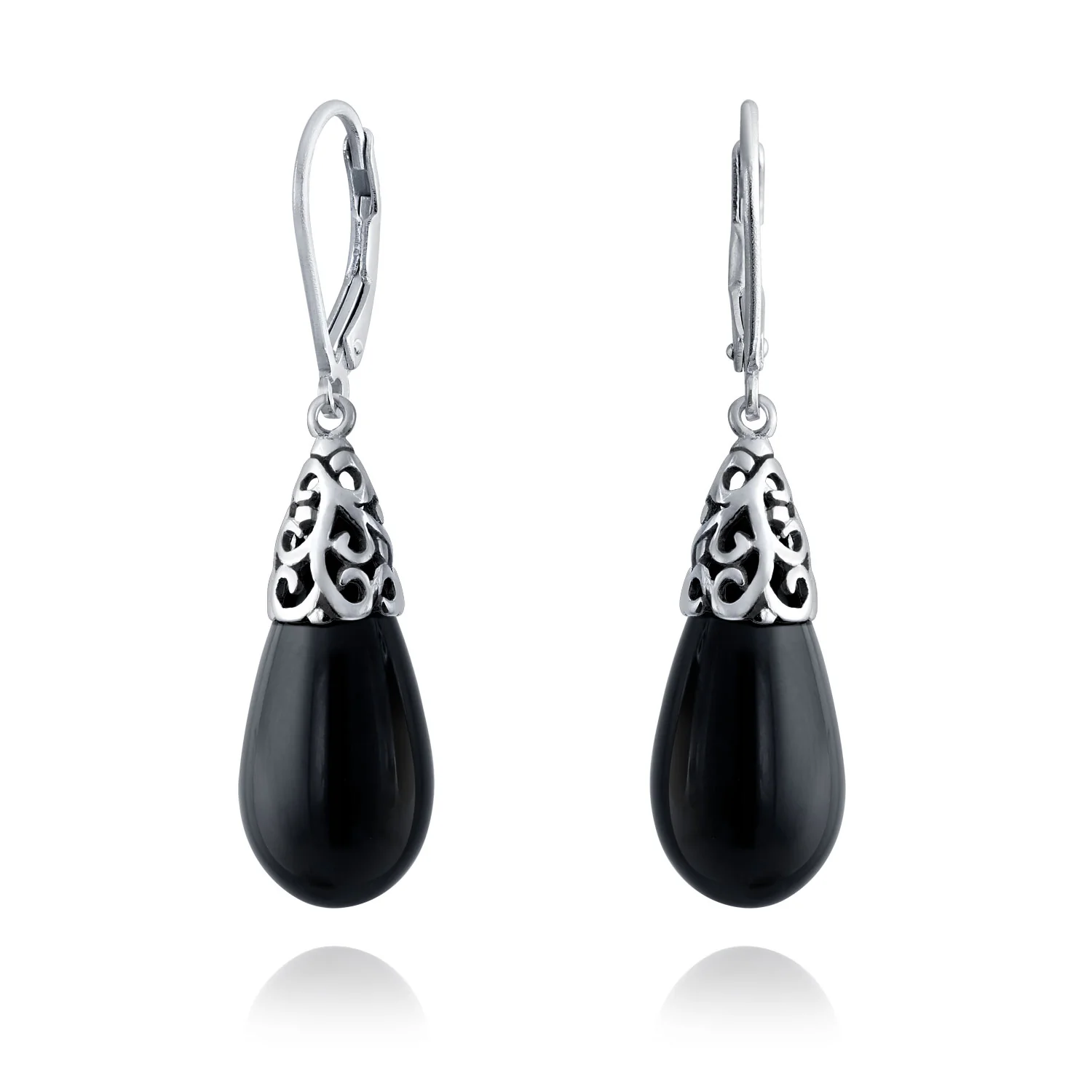 Boho Gemstone Teardrop Filigree Dangle Earrings in Silver - Image 3