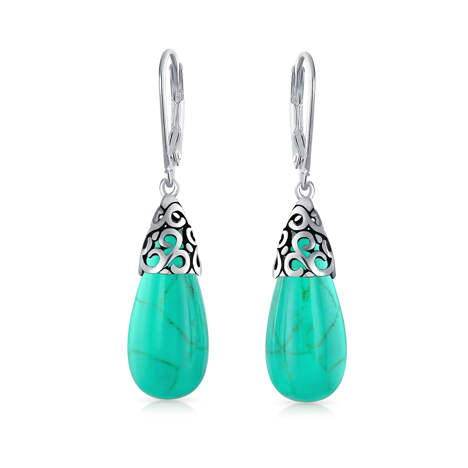 Boho Gemstone Teardrop Filigree Dangle Earrings in Silver - Image 4