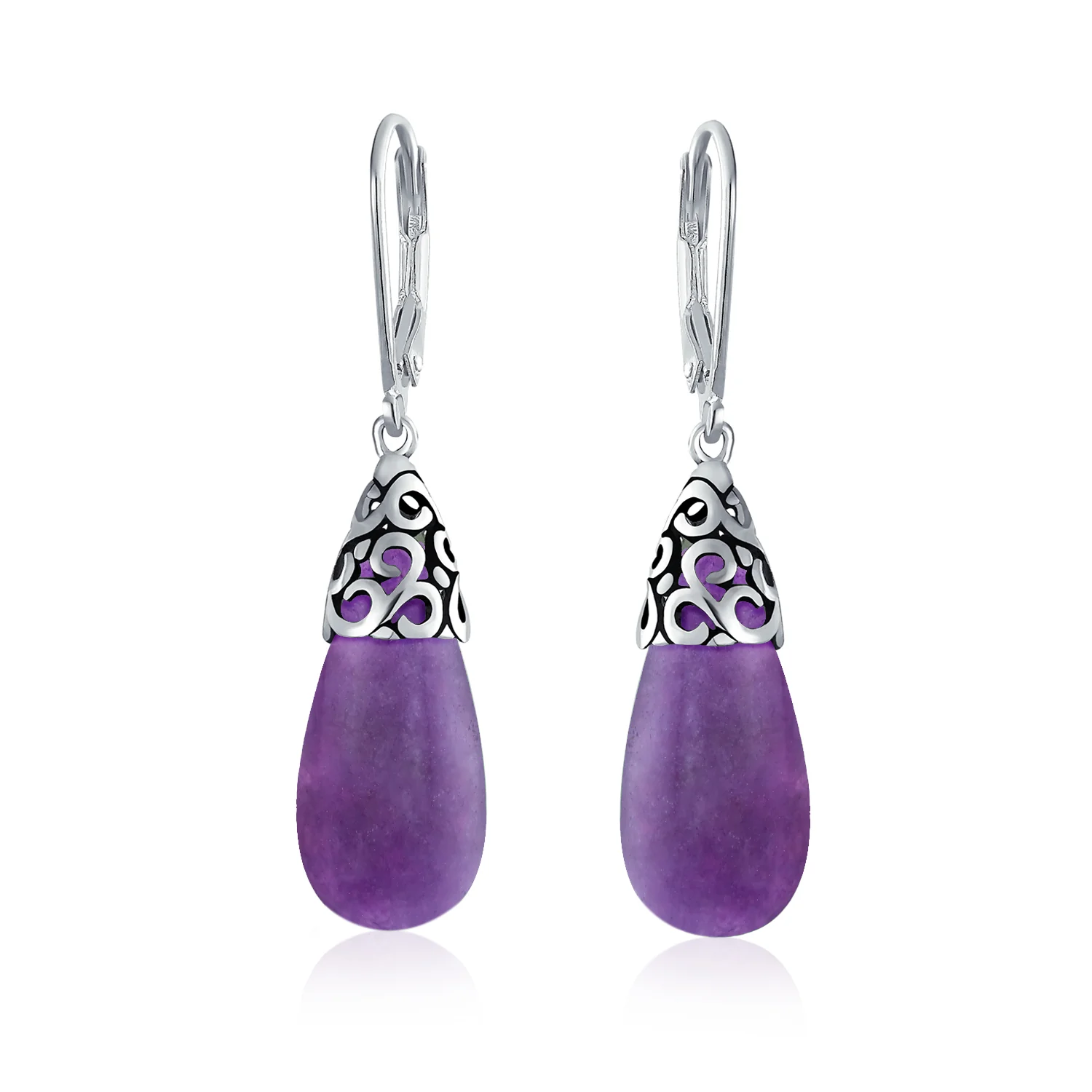 Boho Gemstone Teardrop Filigree Dangle Earrings in Silver - Image 5