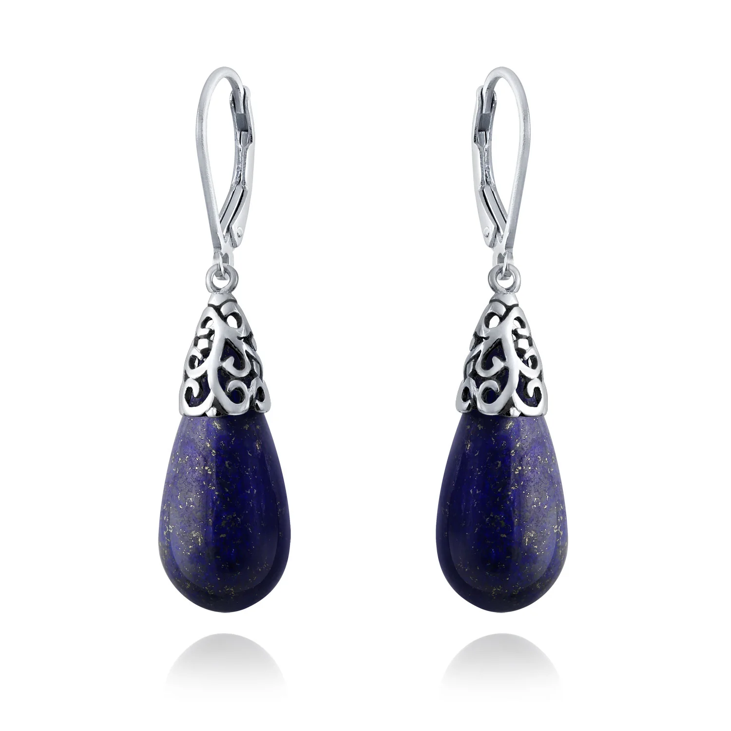 Boho Gemstone Teardrop Filigree Dangle Earrings in Silver - Image 8