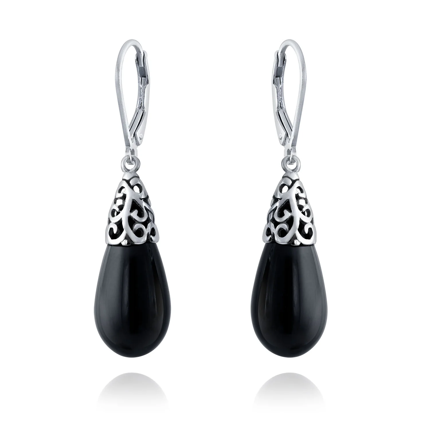 Boho Gemstone Teardrop Filigree Dangle Earrings in Silver - Image 9