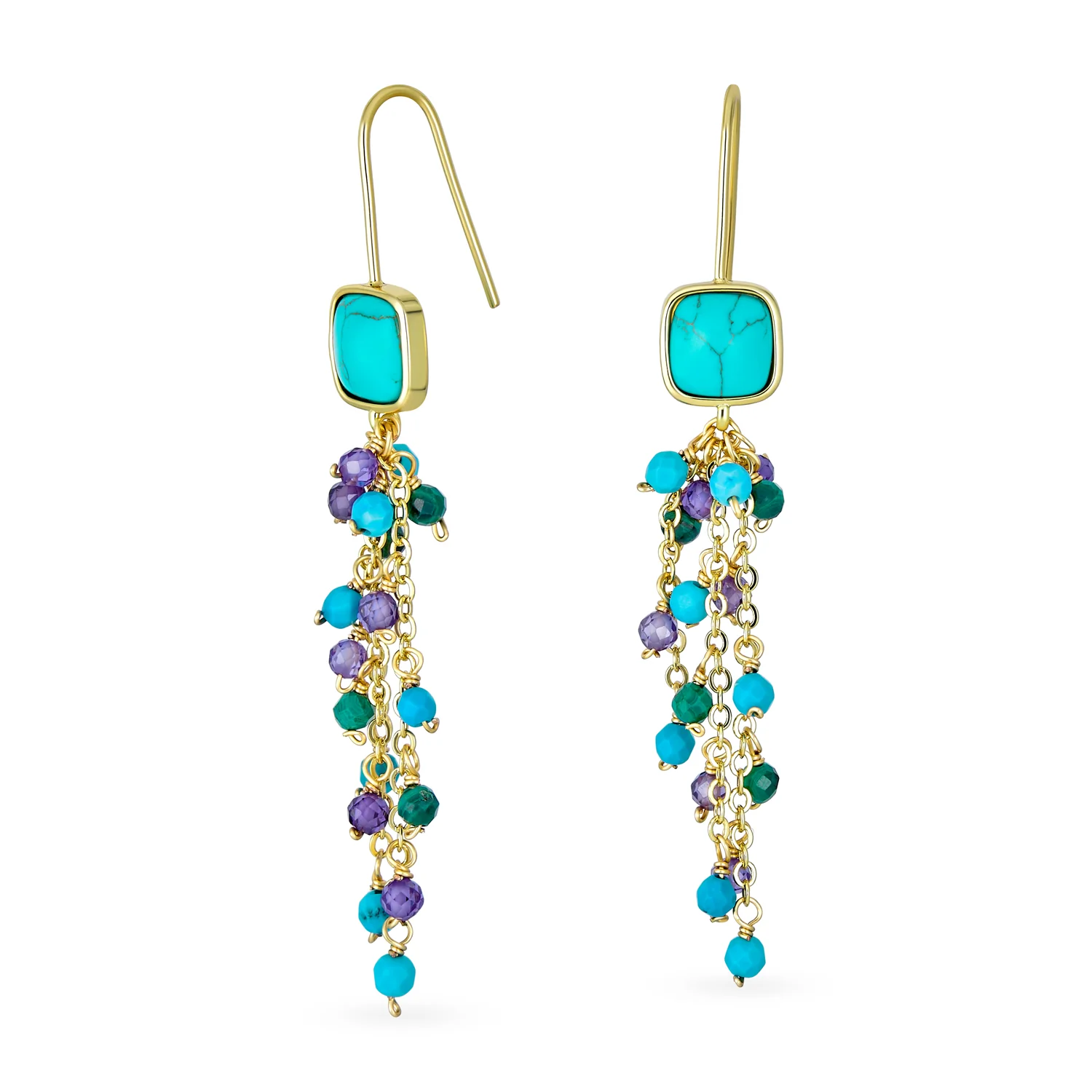 Gemstone Waterfall Tassel Dangle Earrings 18K Gold Plated