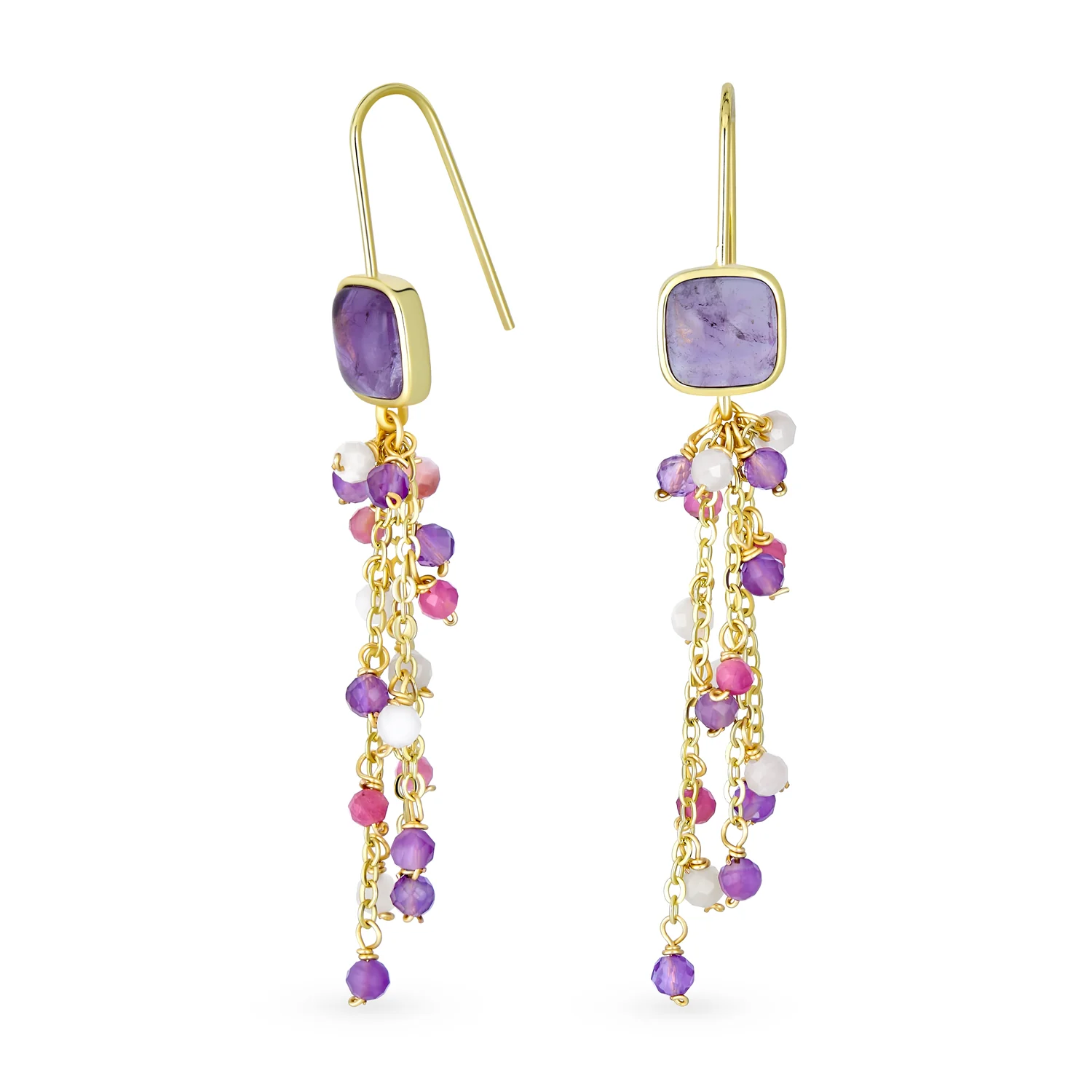 Gemstone Waterfall Tassel Dangle Earrings 18K Gold Plated - Image 2