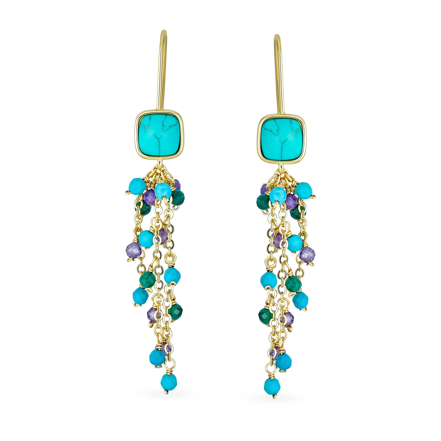 Gemstone Waterfall Tassel Dangle Earrings 18K Gold Plated - Image 3