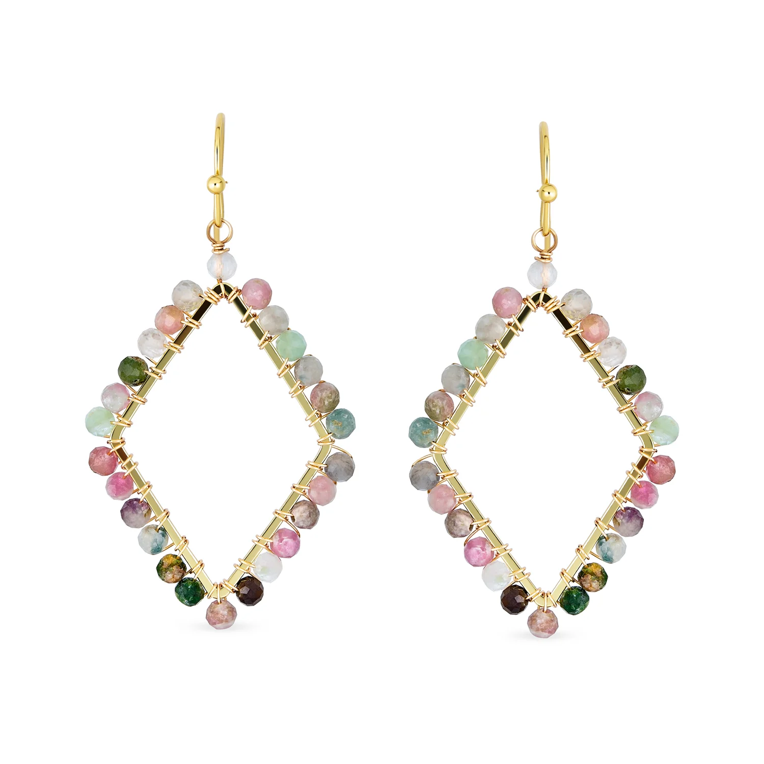 Wire Wrap Multi Color Natural Stone Diamond Shape Dangle Earrings Gold Plated - Image 2