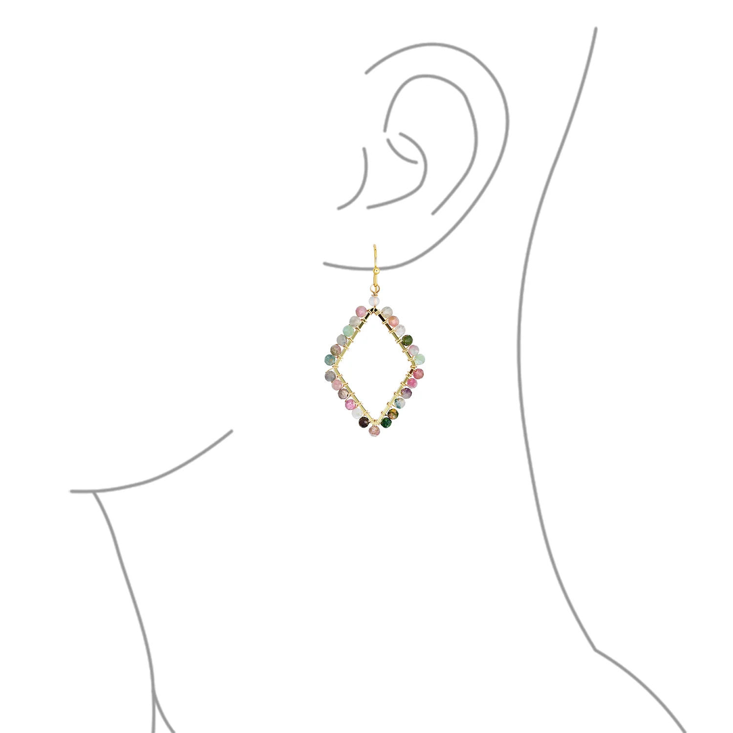Wire Wrap Multi Color Natural Stone Diamond Shape Dangle Earrings Gold Plated - Image 4