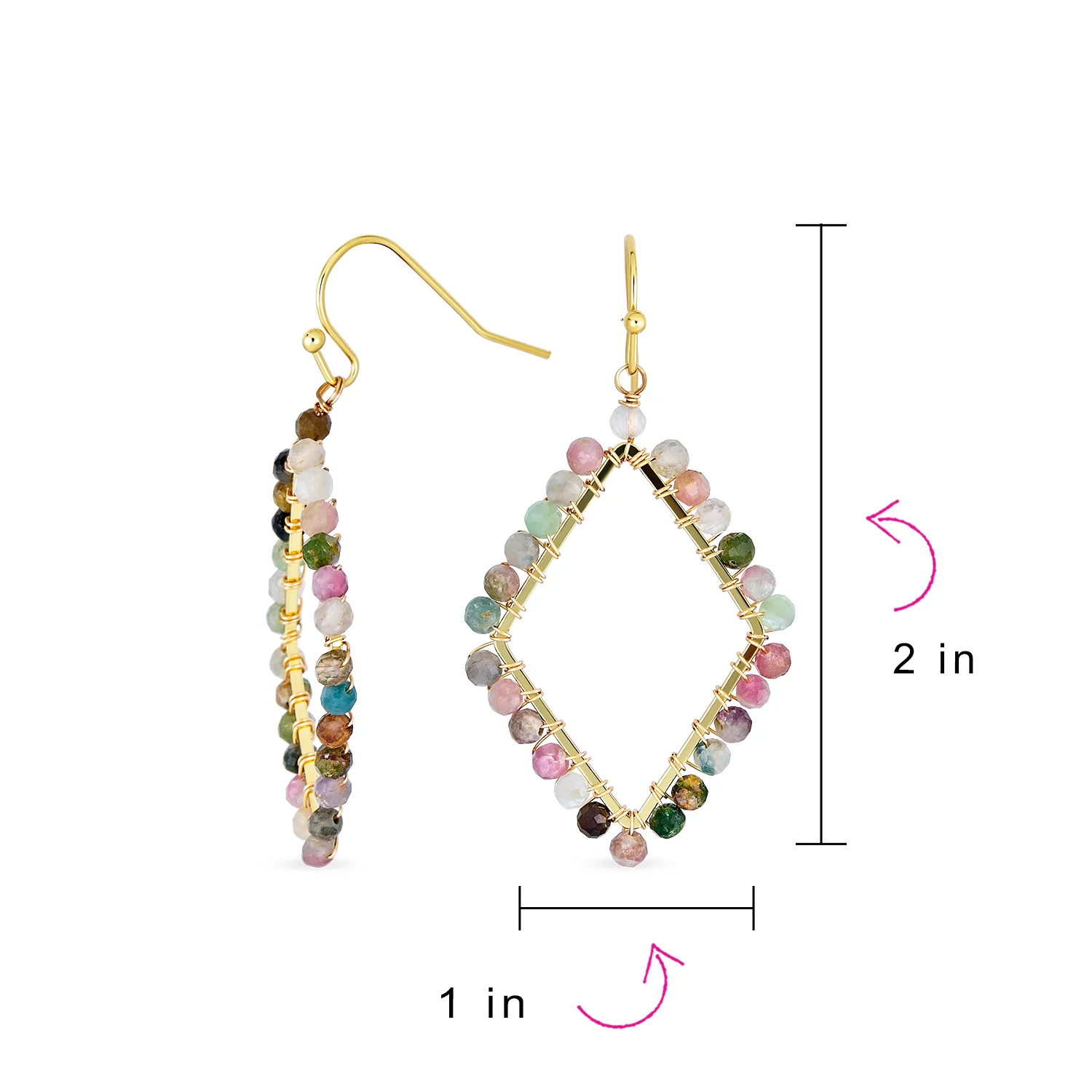 Wire Wrap Multi Color Natural Stone Diamond Shape Dangle Earrings Gold Plated - Image 5