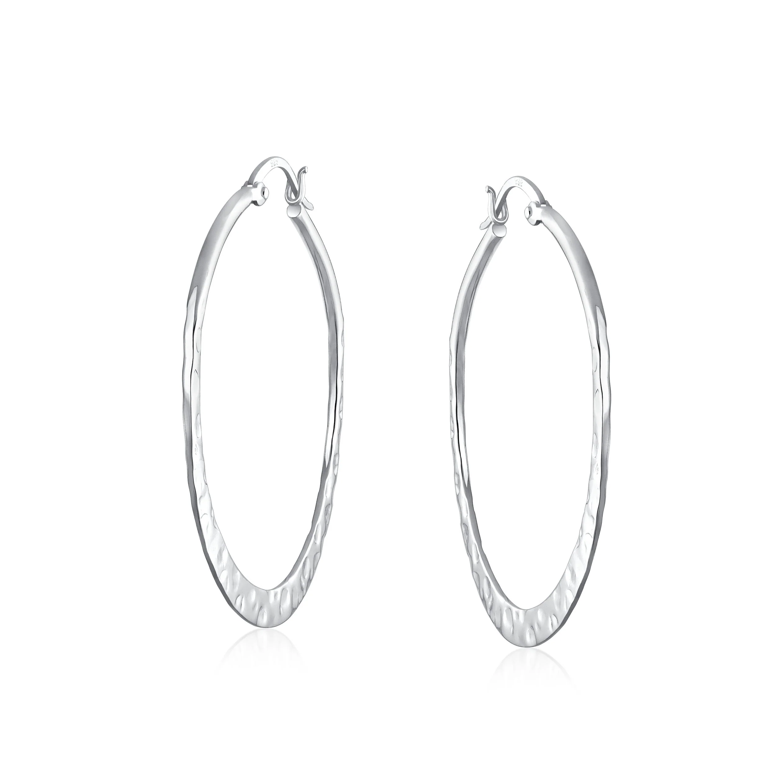 Boho Hammered Flat Hoop Huggie Earrings in Silver 1.5 Inch - Image 2