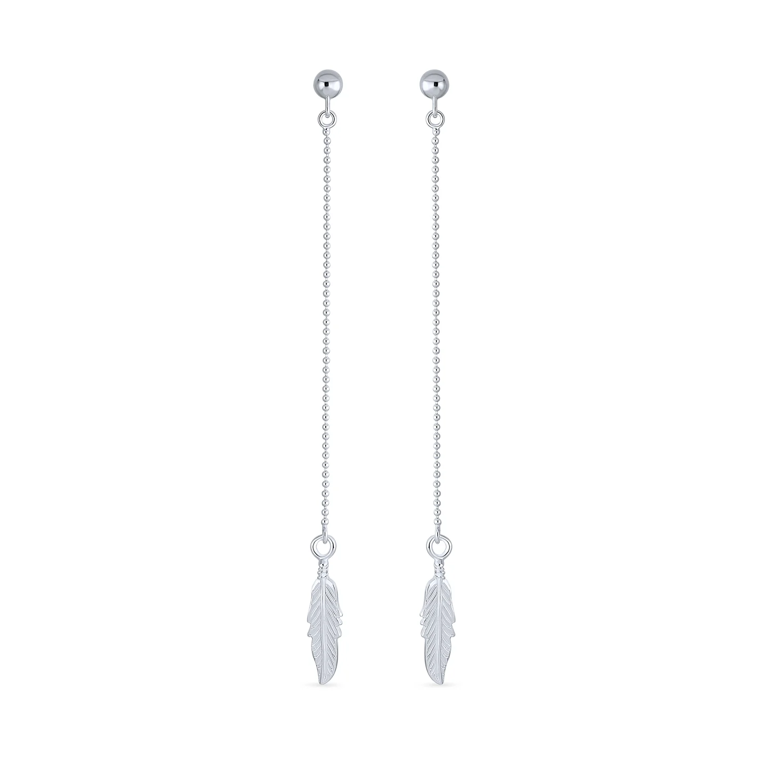 Minimalist Long Linear Ball Chain Feather Leaf Earrings .925 Sterling Silver - Image 2