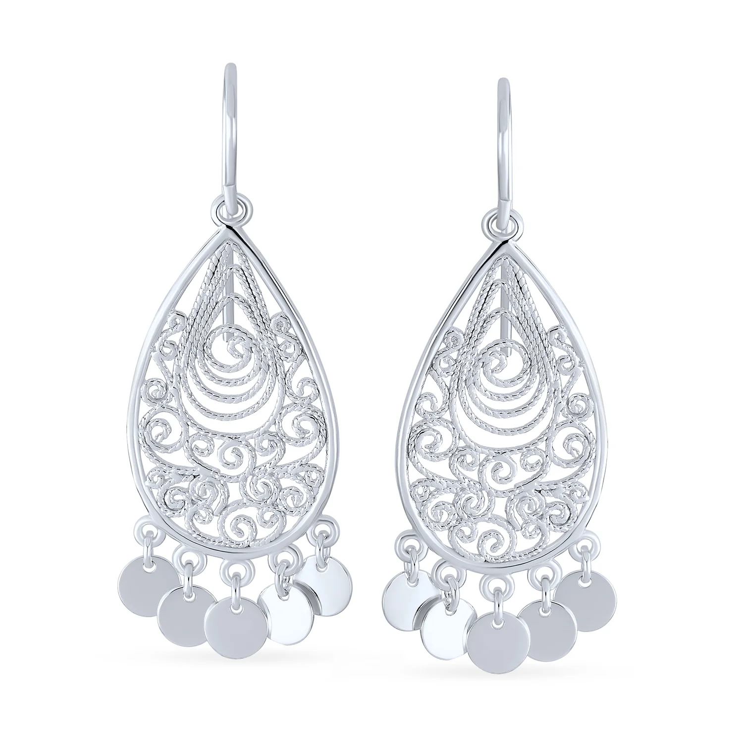 Bali Boho Style Teardrop Dangling Coins Statement Earrings Sterling Silver - Image 2