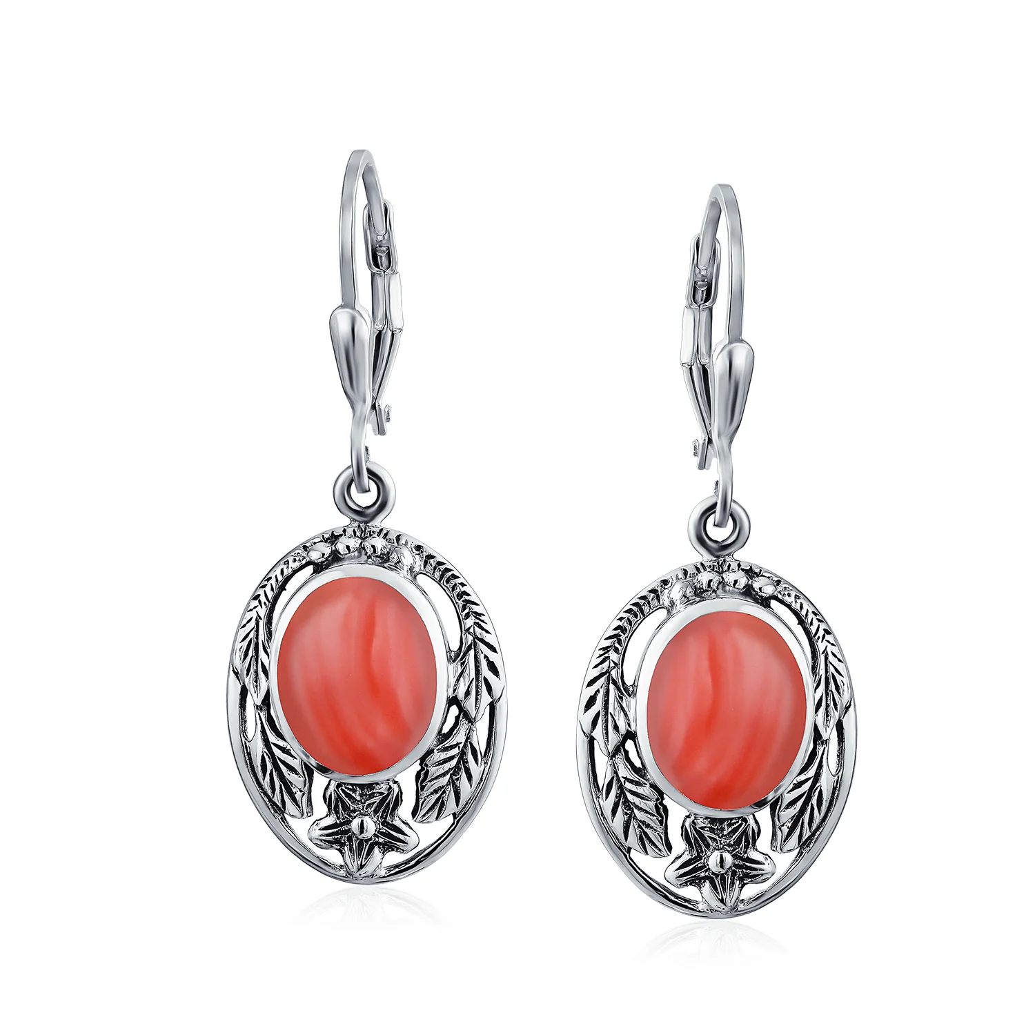 Western Style Floral Bezel Set Pink Orange Coral Dangle Earrings .925 Sterling Silver - Image 4