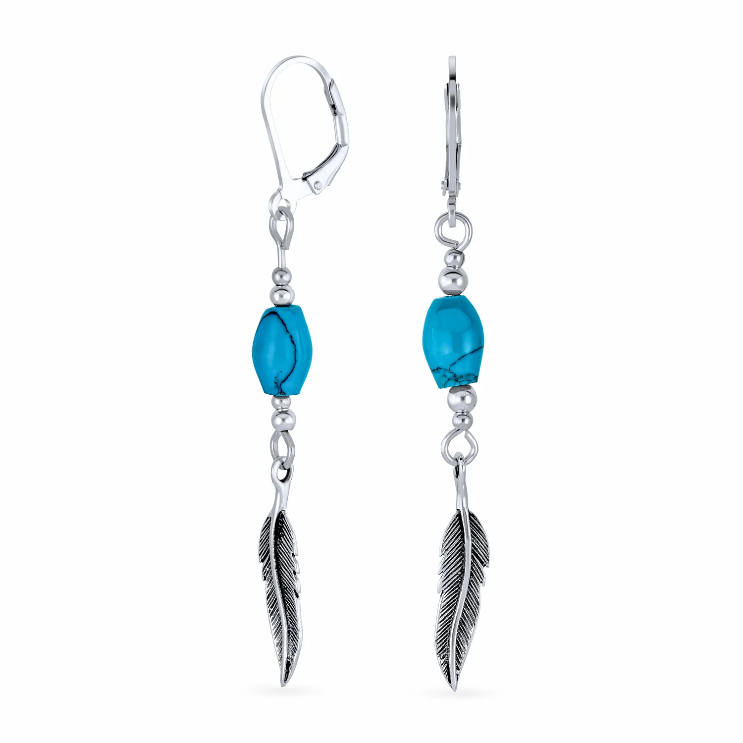 Southwestern Style Turquoise Bead & Feather Leaf Dangle Earrings Oxidized .925 Sterling Silver Lever back