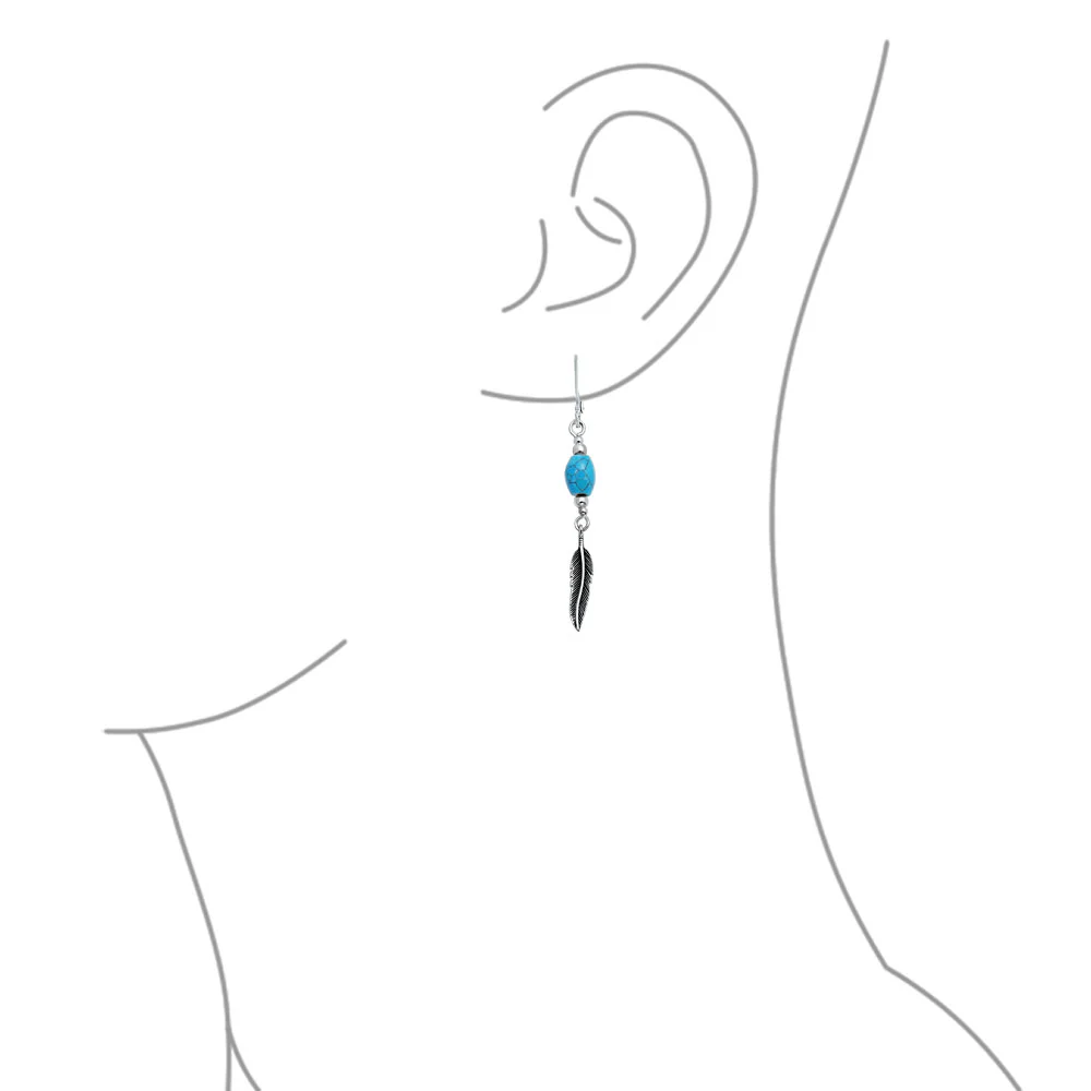 Southwestern Style Turquoise Bead & Feather Leaf Dangle Earrings Oxidized .925 Sterling Silver Lever back - Image 3
