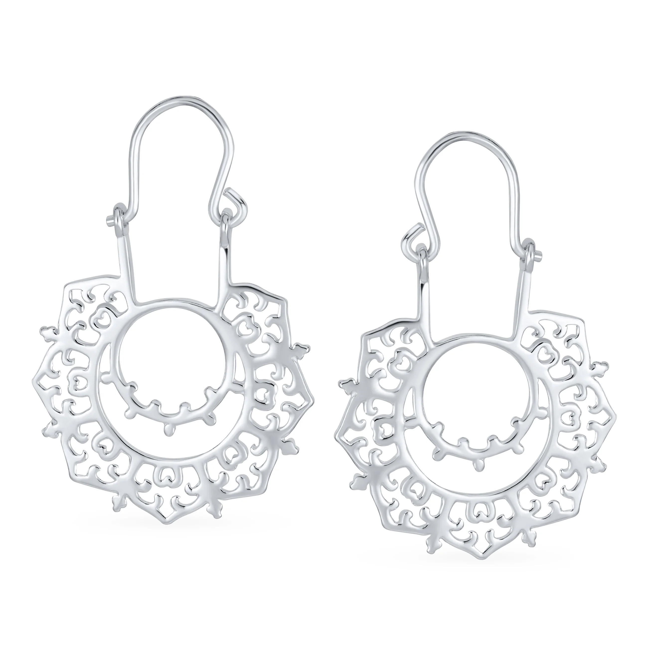 Boho Retro Filigree Mandala Dangle Earrings Silver Hoop - Image 2