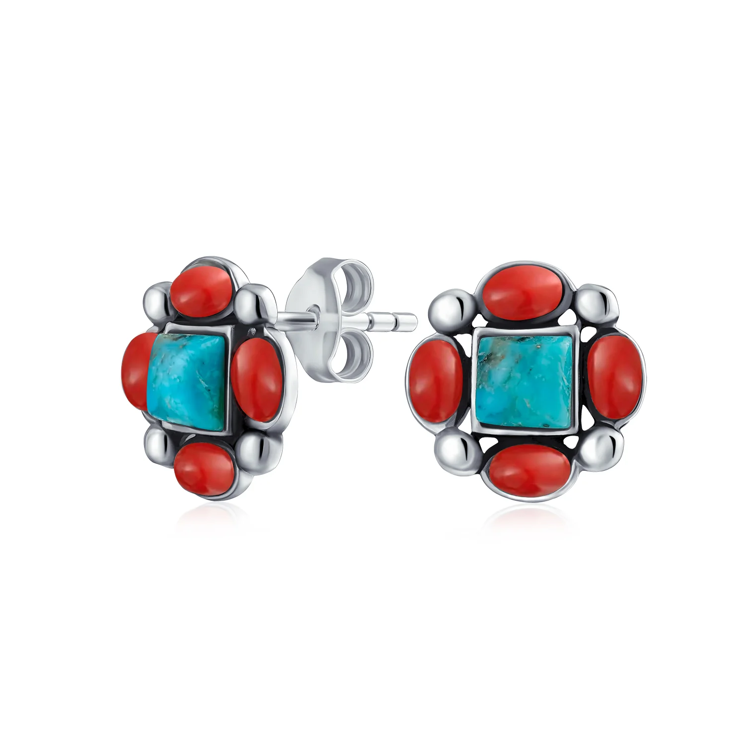 Western Native-American Style Turquoise & Red Stud Earrings .925 Sterling Silver
