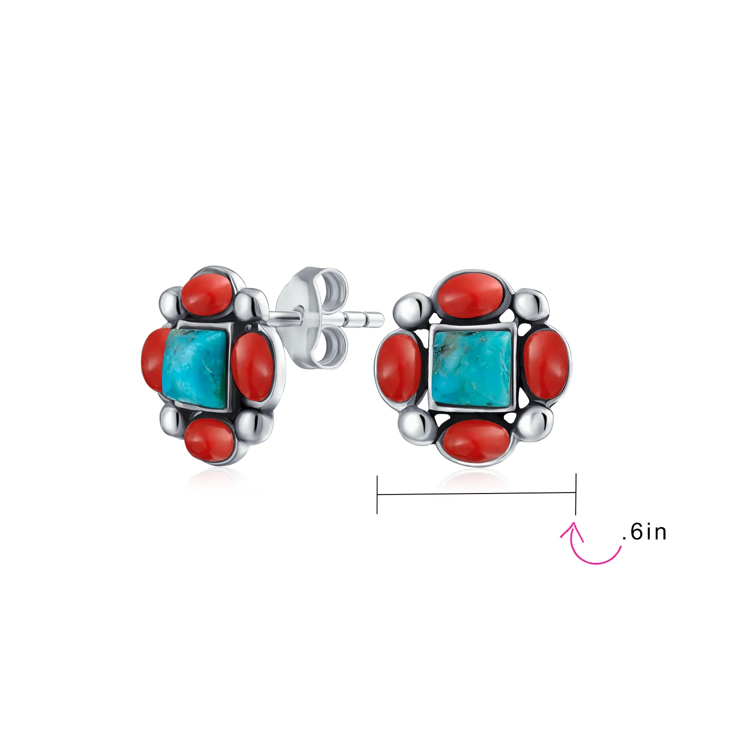 Western Native-American Style Turquoise & Red Stud Earrings .925 Sterling Silver - Image 7