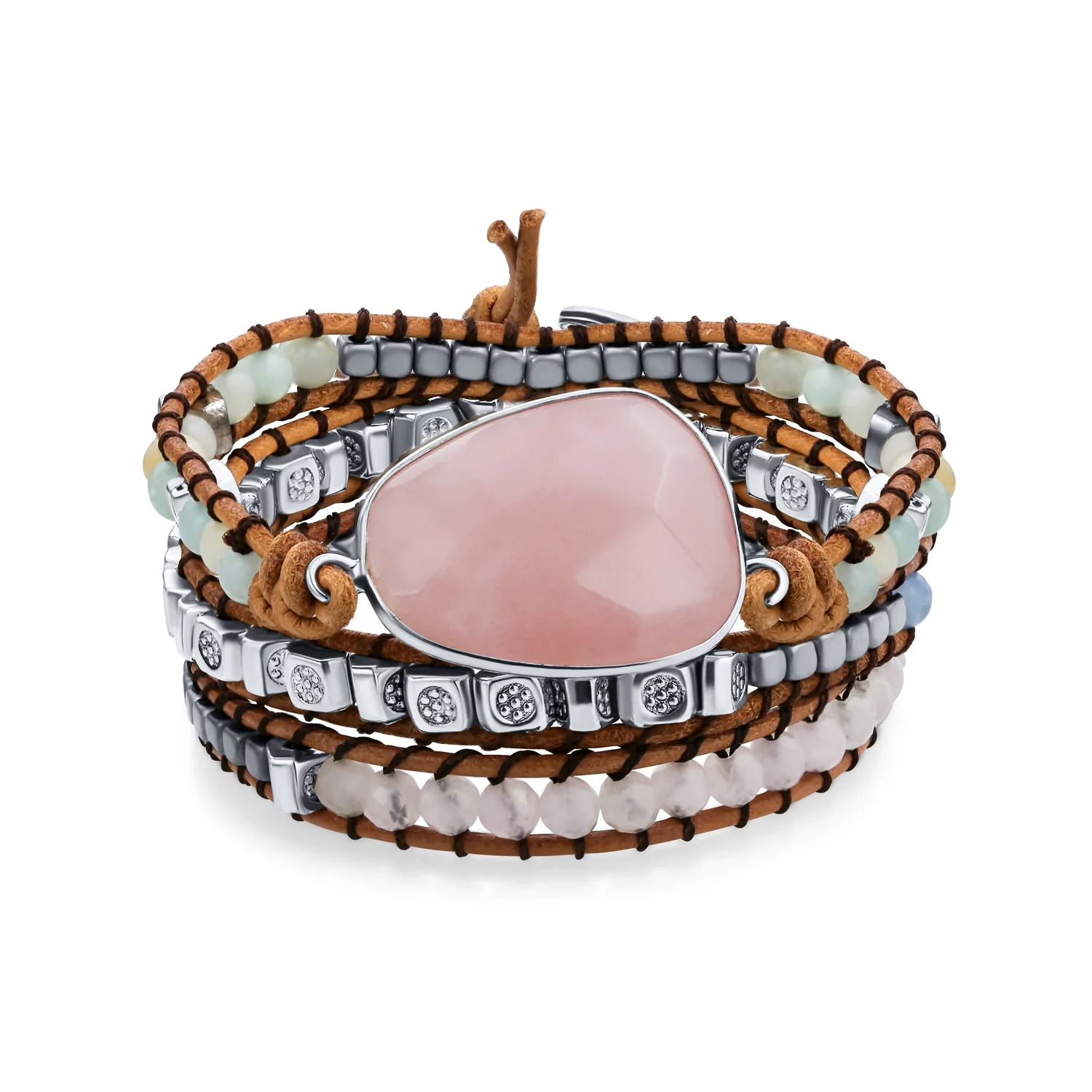 Tree of Life Medallion Rose Quartz Wrap Bracelet Beads