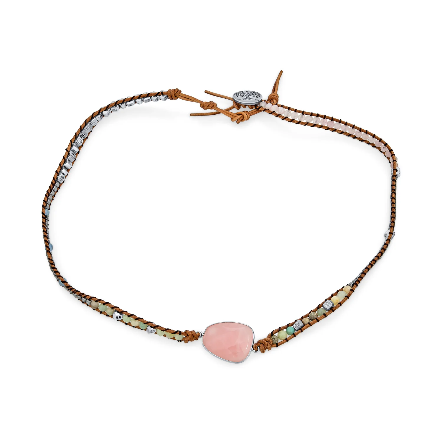 Tree of Life Medallion Rose Quartz Wrap Bracelet Beads - Image 2